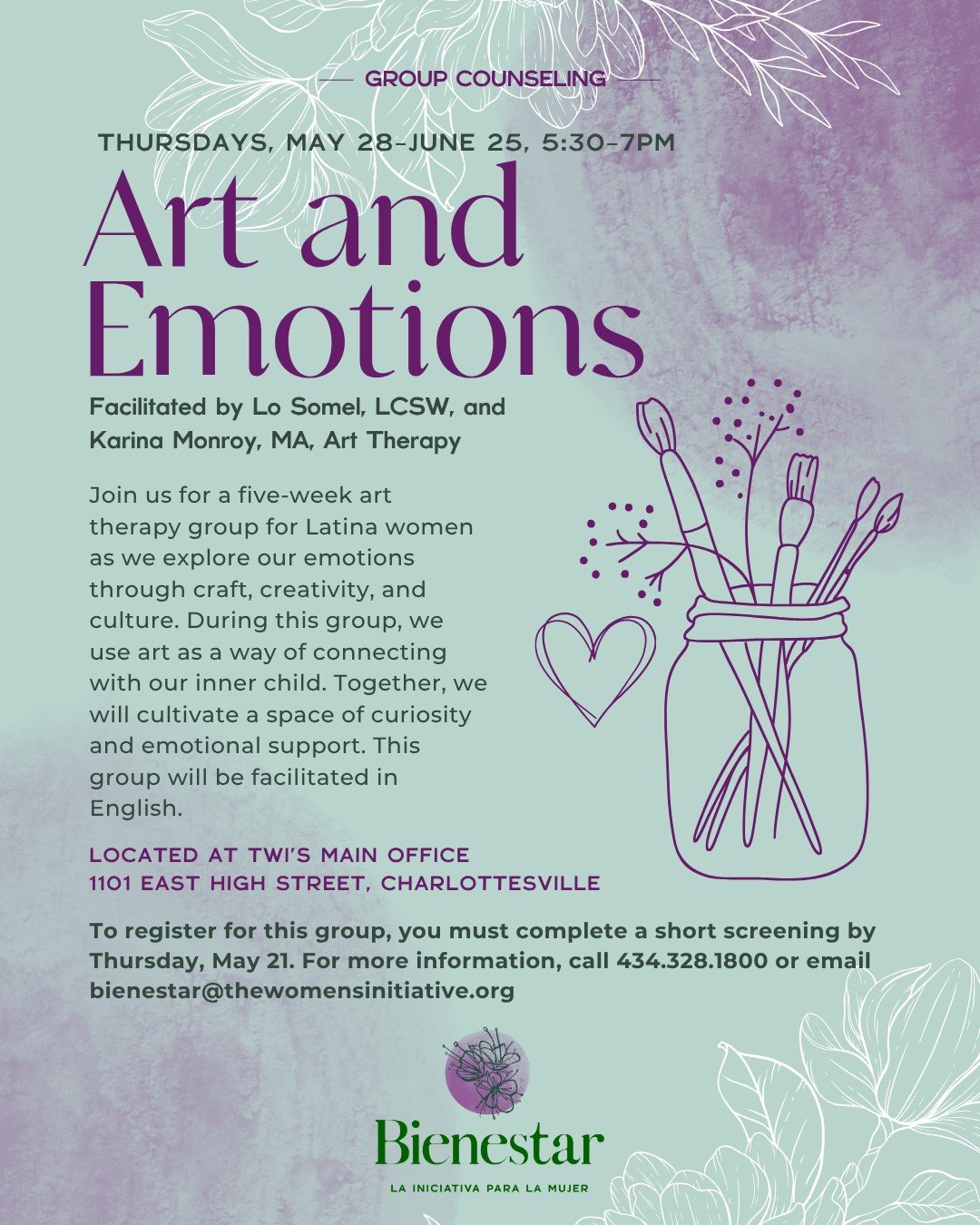 The Women&rsquo;s Initiative invites you to make space for creativity, reflection, and emotional support through Art and Emotions. 🌿

Held on Thursdays from May 28&ndash;June 25, from 5:30&ndash;7pm at our main office, this five-week group for Latin