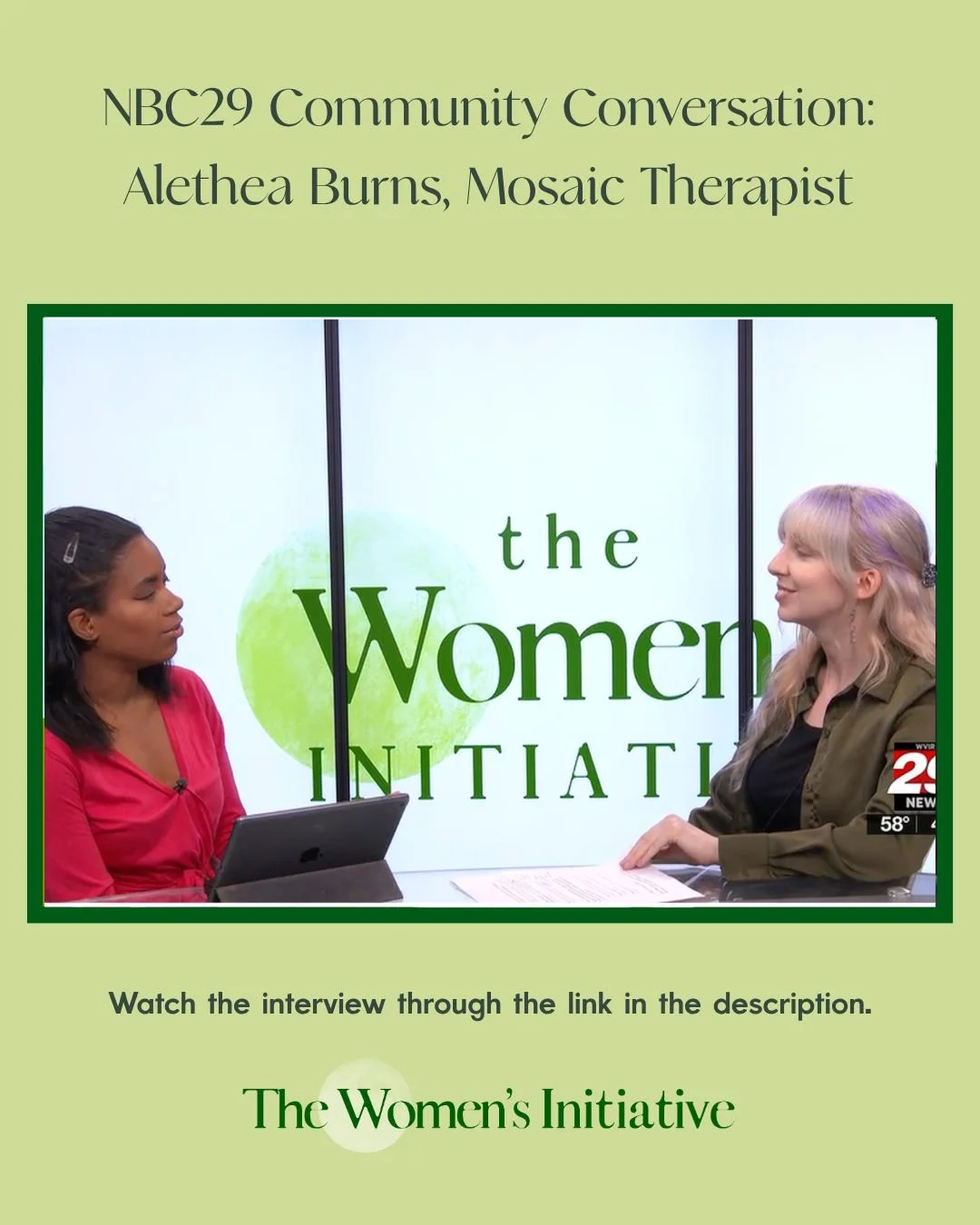In honor of Mental Health Awareness Month, TWI Mosaic therapist Alethea Burns joined NBC29&rsquo;s Community Conversation to share more about the programs and services offered at The Women&rsquo;s Initiative. 💛

From individual and group counseling 