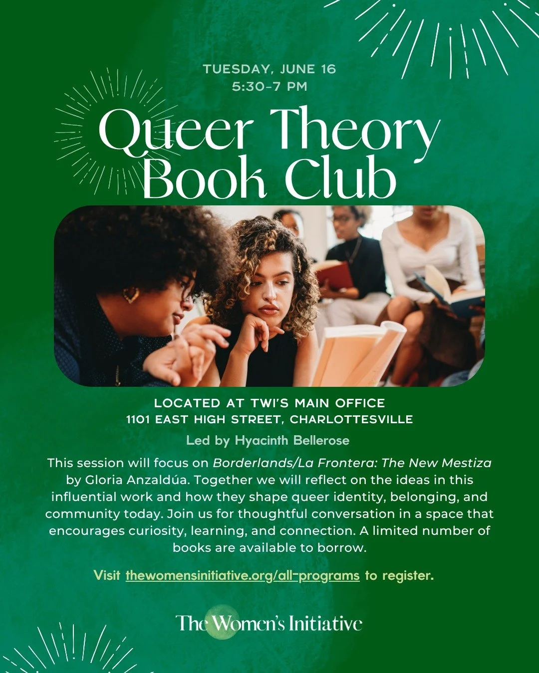 Queer Theory Book Club 📚: Join us for a conversation inspired by *Borderlands/La Frontera: The New Mestiza* by Gloria Anzald&uacute;a on Tuesday, June 16, from 5:30&ndash;7pm at TWI's Main Office.

Together, we'll explore themes of identity, belongi