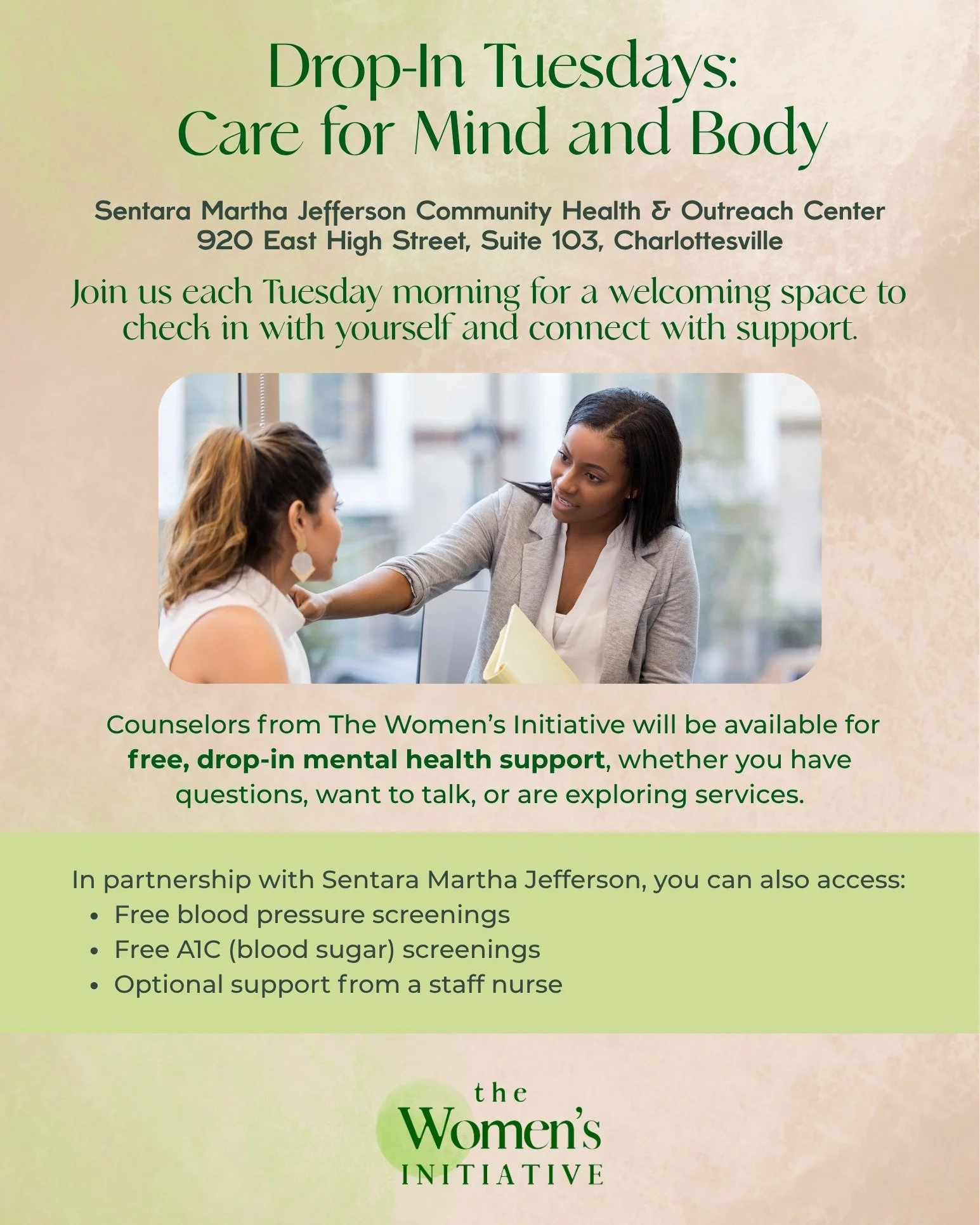 On Tuesdays, The Women&rsquo;s Initiative is offering free walk-in mental health support through two community wellness clinics designed to help people connect with care in welcoming community spaces.

Through our partnerships with Sentara Martha Jef