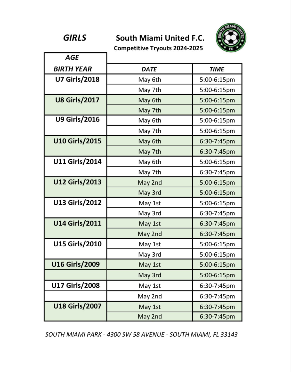 Tryouts South Miami United F C