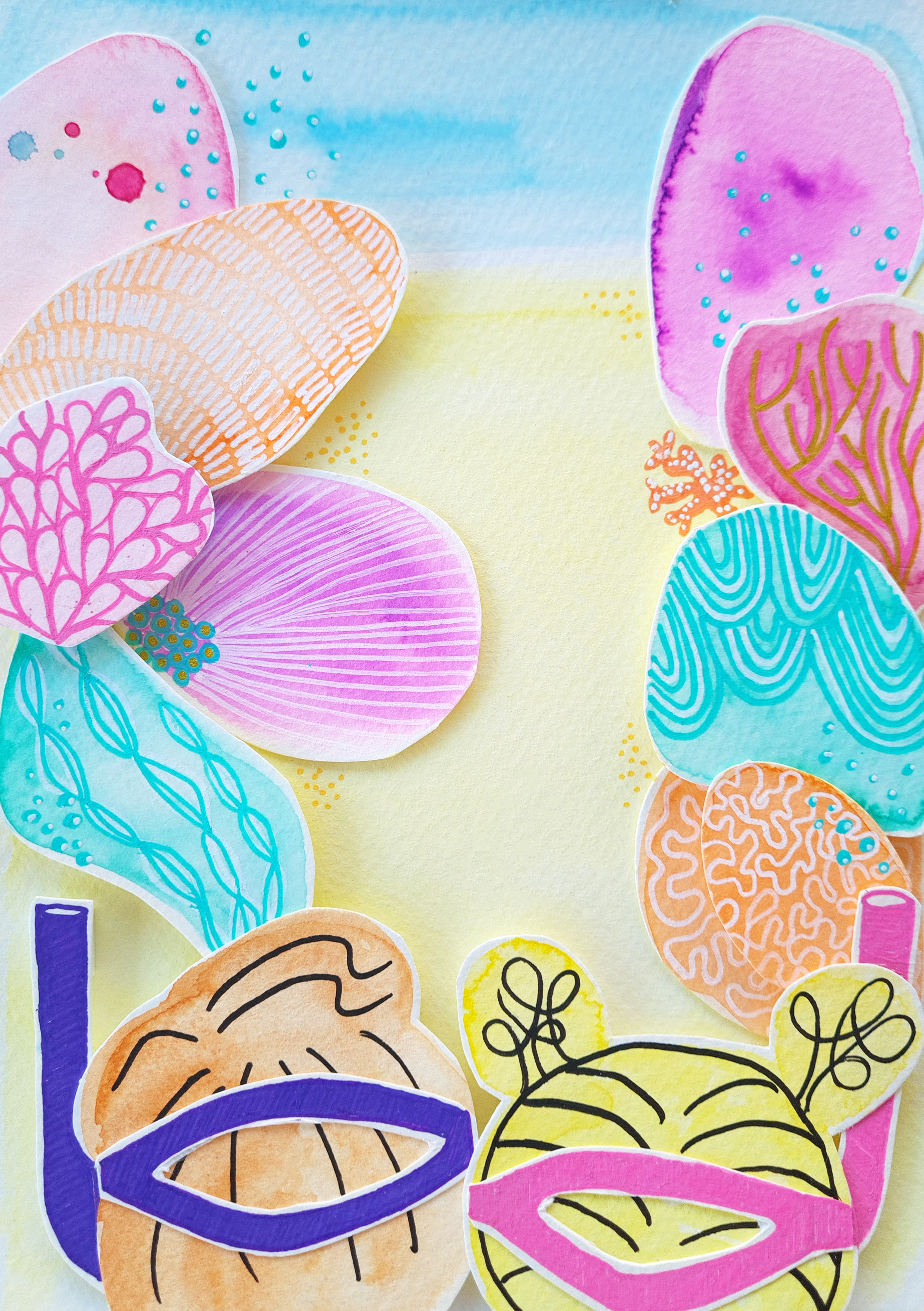 Colourful illustrated coral reef with two snorkelers, dad and daughter, on paper, arranged in a border on a yellow background.