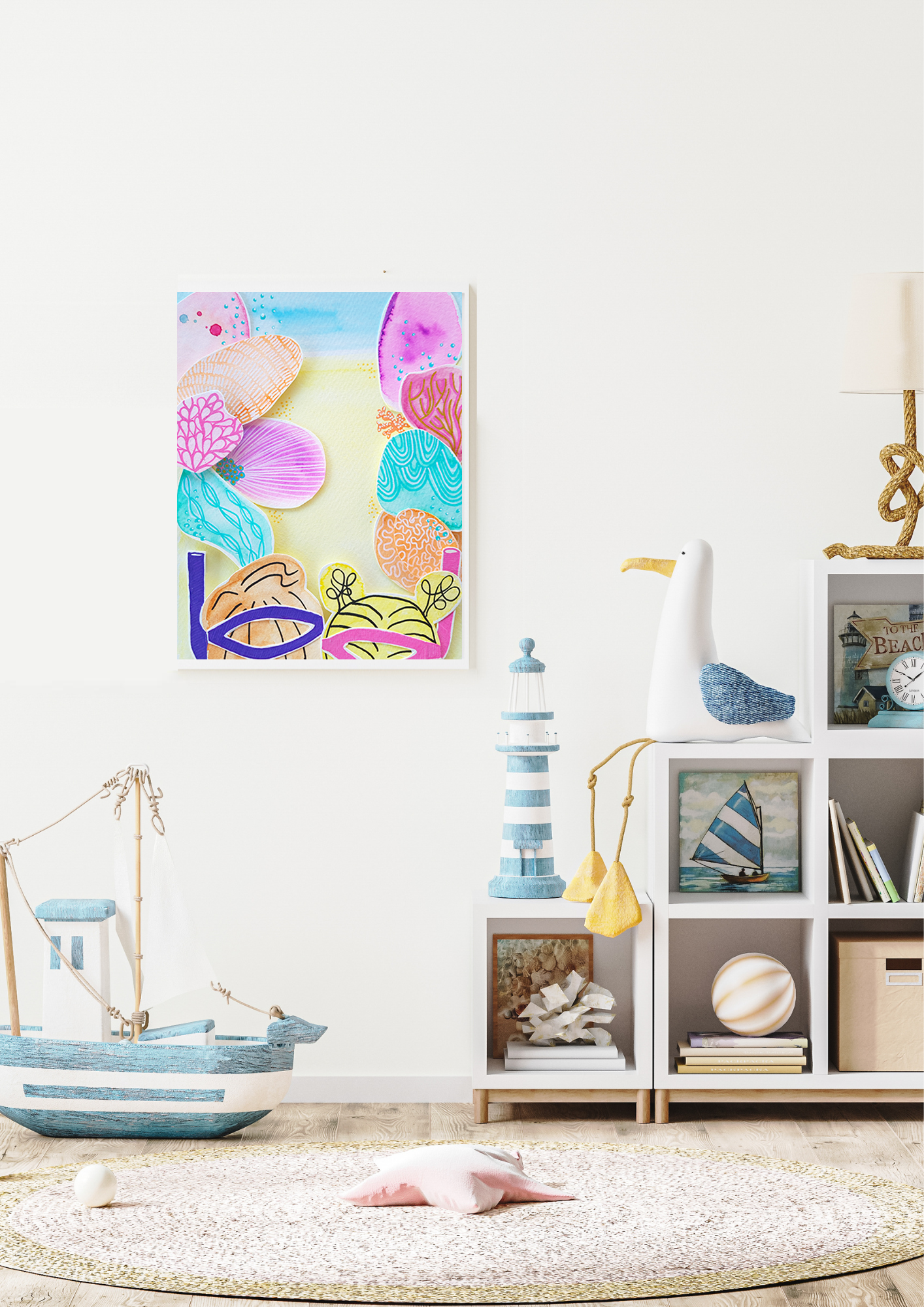 Nautical children's room with watercolour poster of father and daughter snorkelling