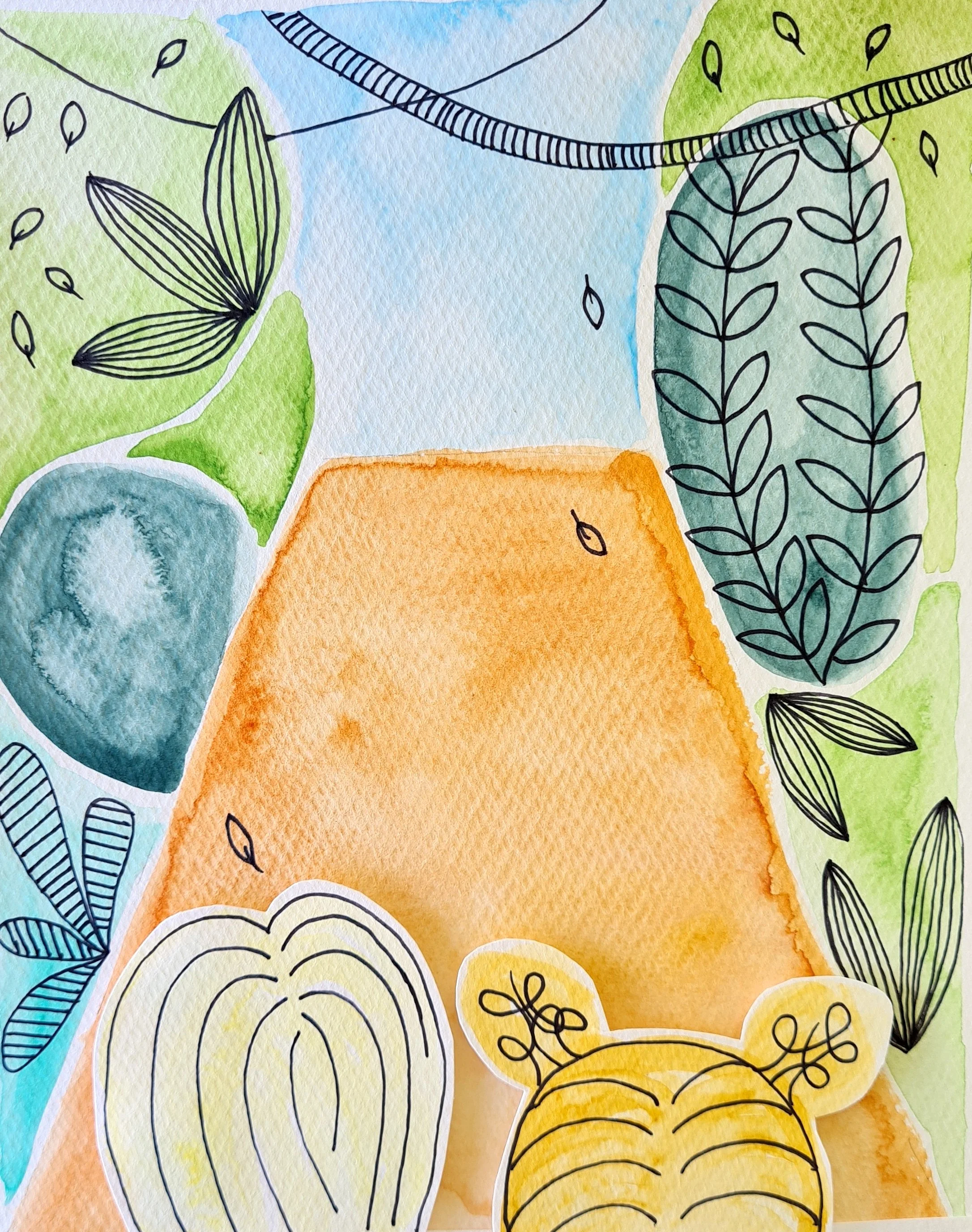 Watercolor illustration of a pumpkin and a bee among various leaves and foliage.