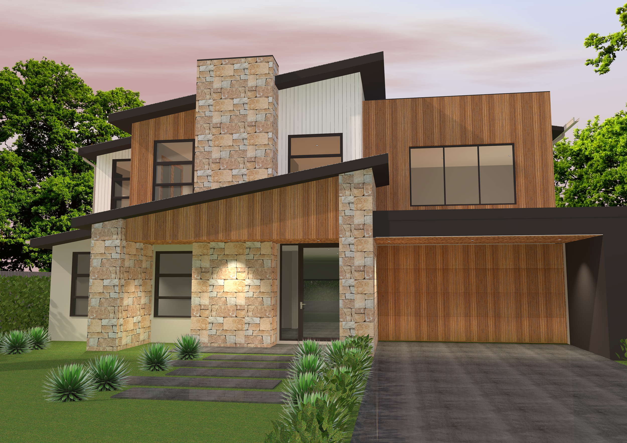 Front elevation of the St Ives Passivhaus: vertical timber cladding, stacked stone, black-framed windows and skillion roofs