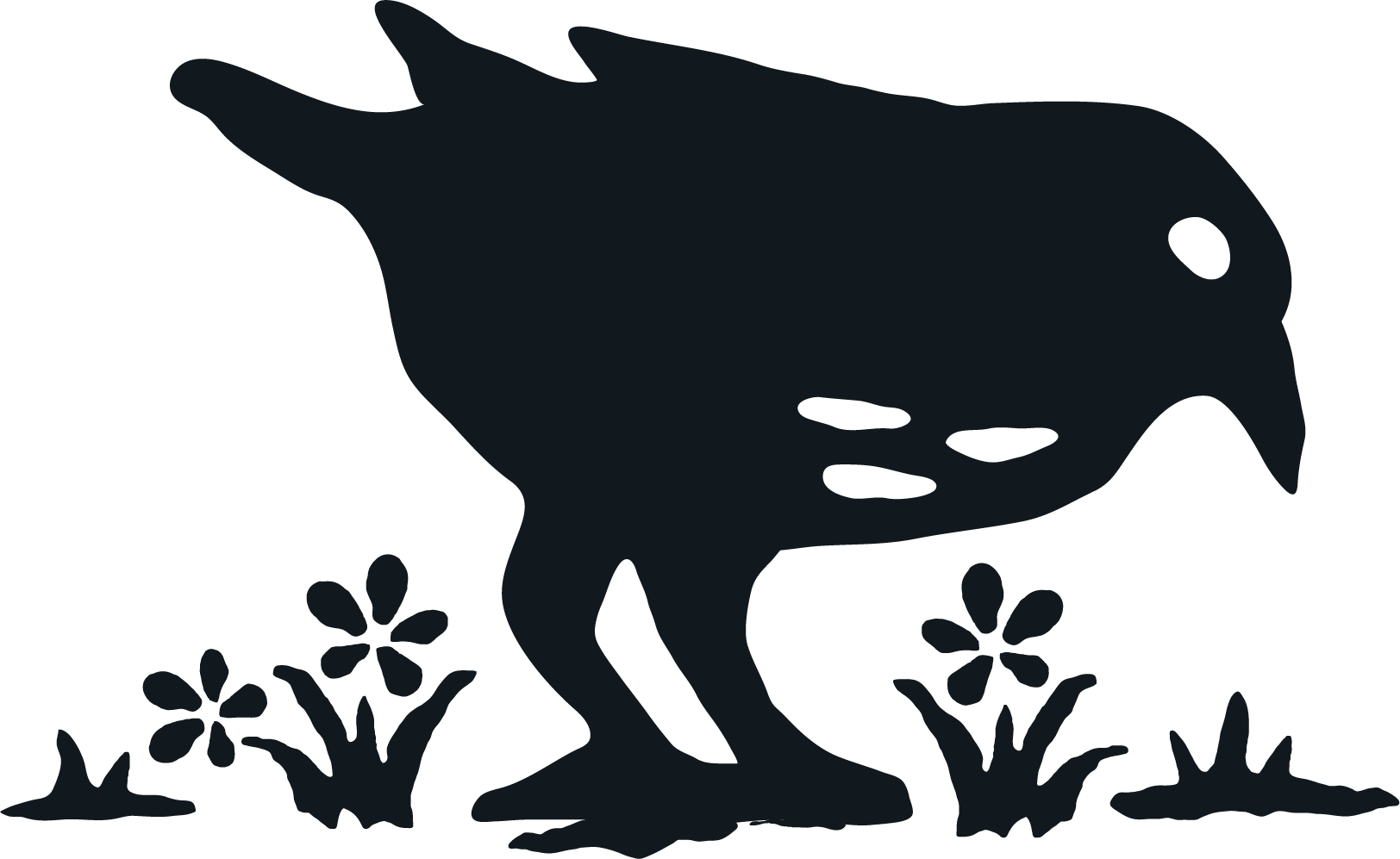 Silhouette of a dinosaur, possibly an Allosaurus or similar theropod, with plants around it, depicted in a dark, minimalist style.