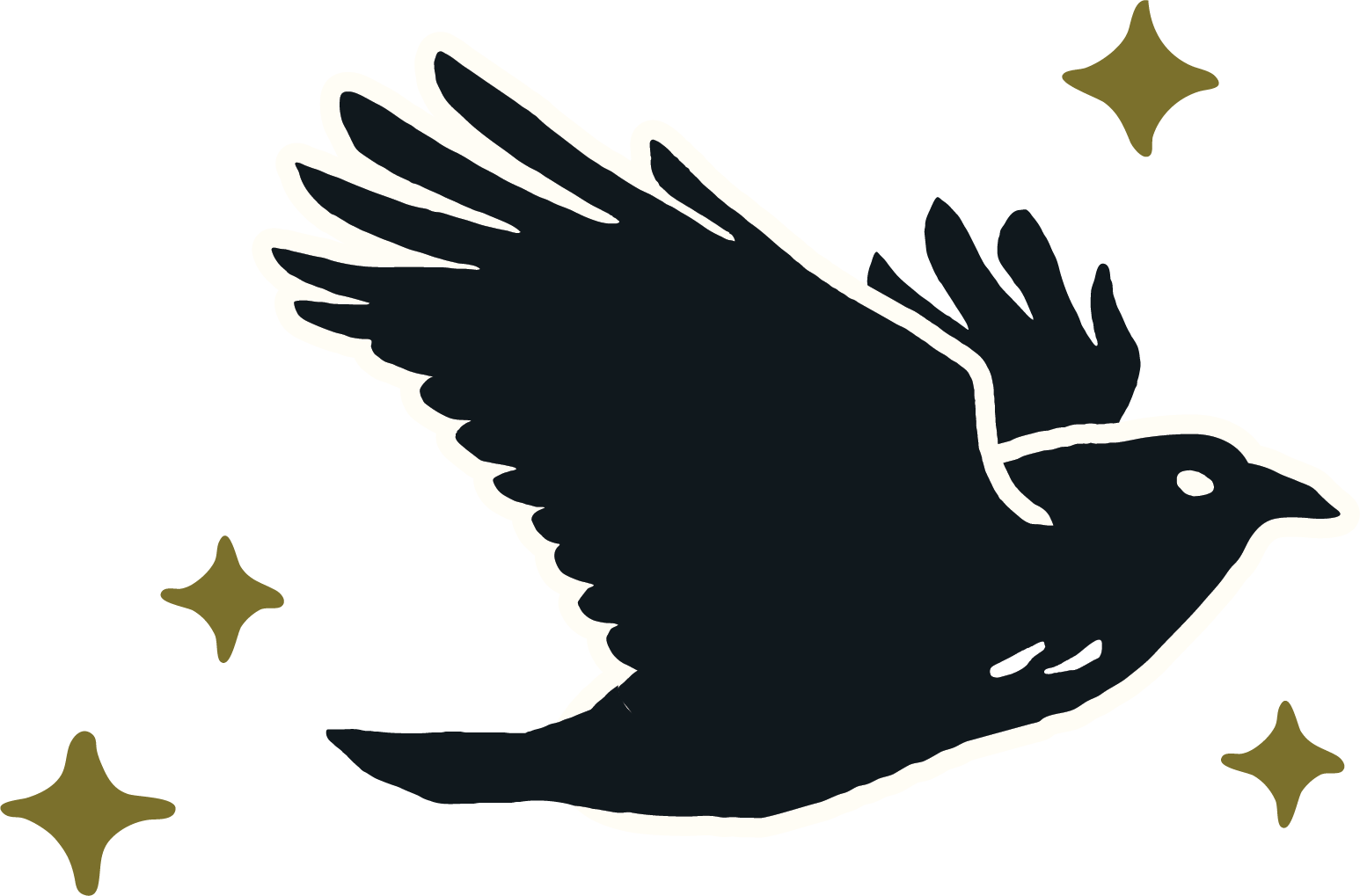 A stylized black and white illustration of a bird in flight, surrounded by four gold star-like sparkles.