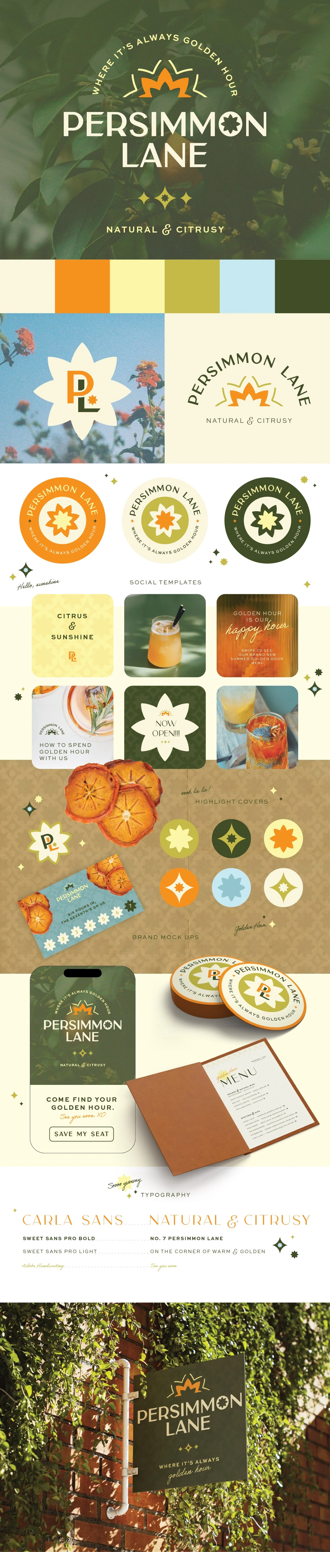 Design elements for Persimmon Lane branding, including logo, color palettes, signs, and menu, with lush greenery and an outdoor signboard.