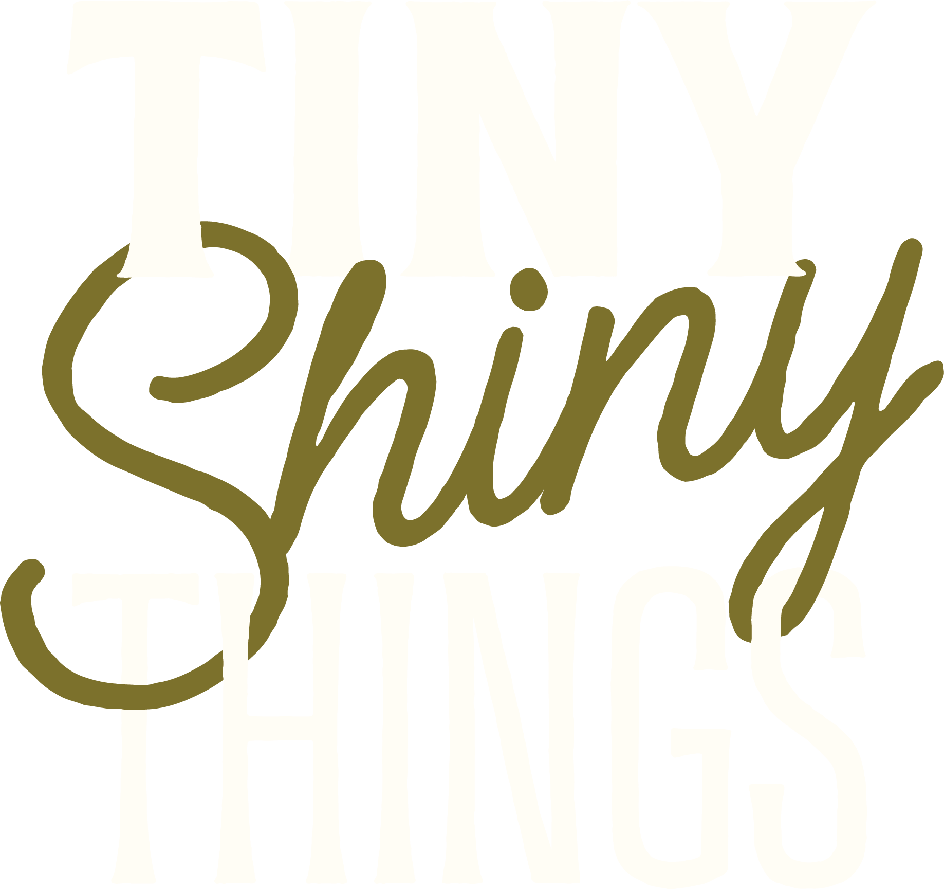 The phrase "Tiny Shiny Things" written in a handwritten style with the words "Tiny"  and "Things" in white and "Shiny" in green.