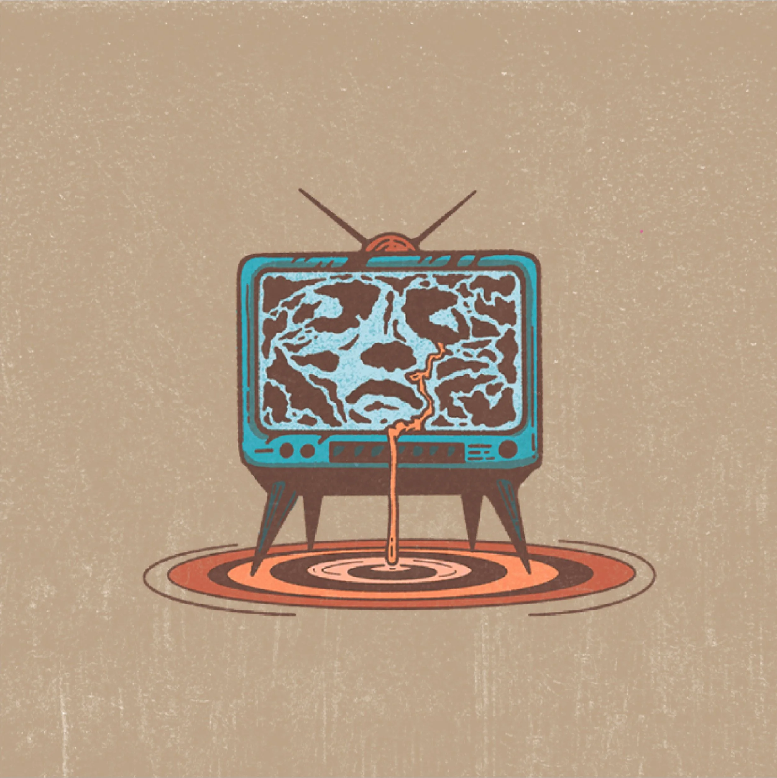 A digital illustration of a vintage television set with antennas, placed on top of a stylized map with a lightning bolt symbol, on a beige background.