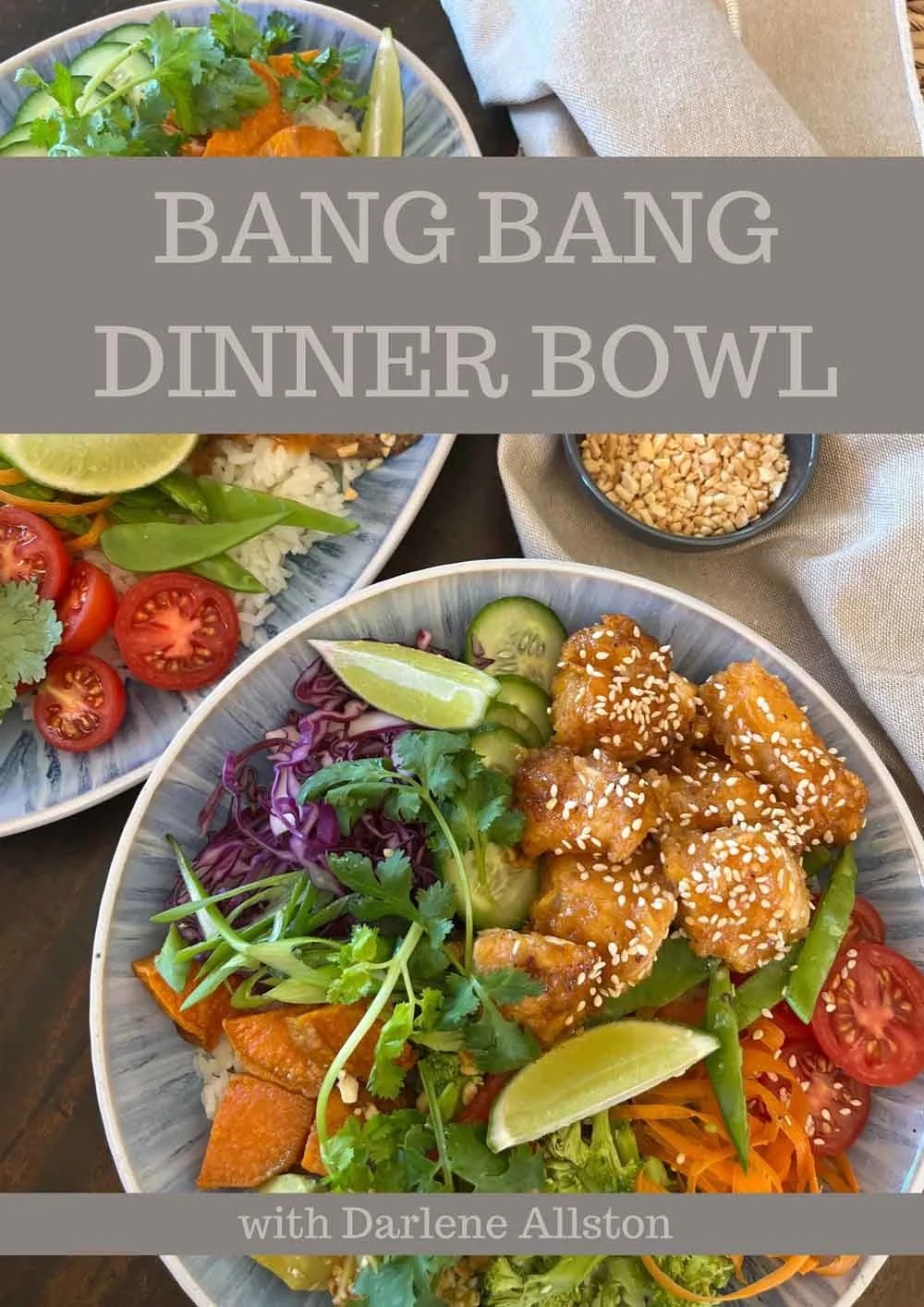 Two bowls of Asian-style dinner, featuring fried chicken with sesame seeds, fresh vegetables including cherry tomatoes, cucumbers, red cabbage, shredded carrots, and cilantro, garnished with lime wedges.