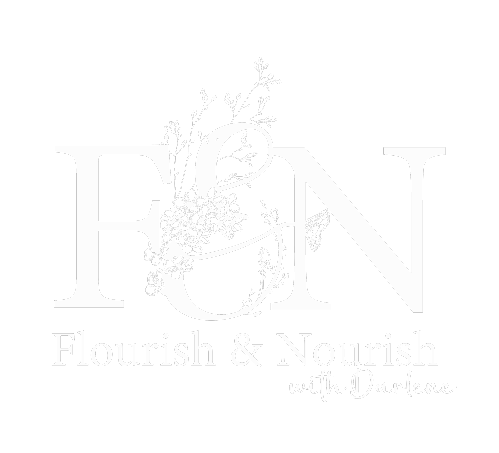Black background with white text that reads 'FEN Flourish & Nourish with Darlene' and decorative plant and butterfly illustrations.