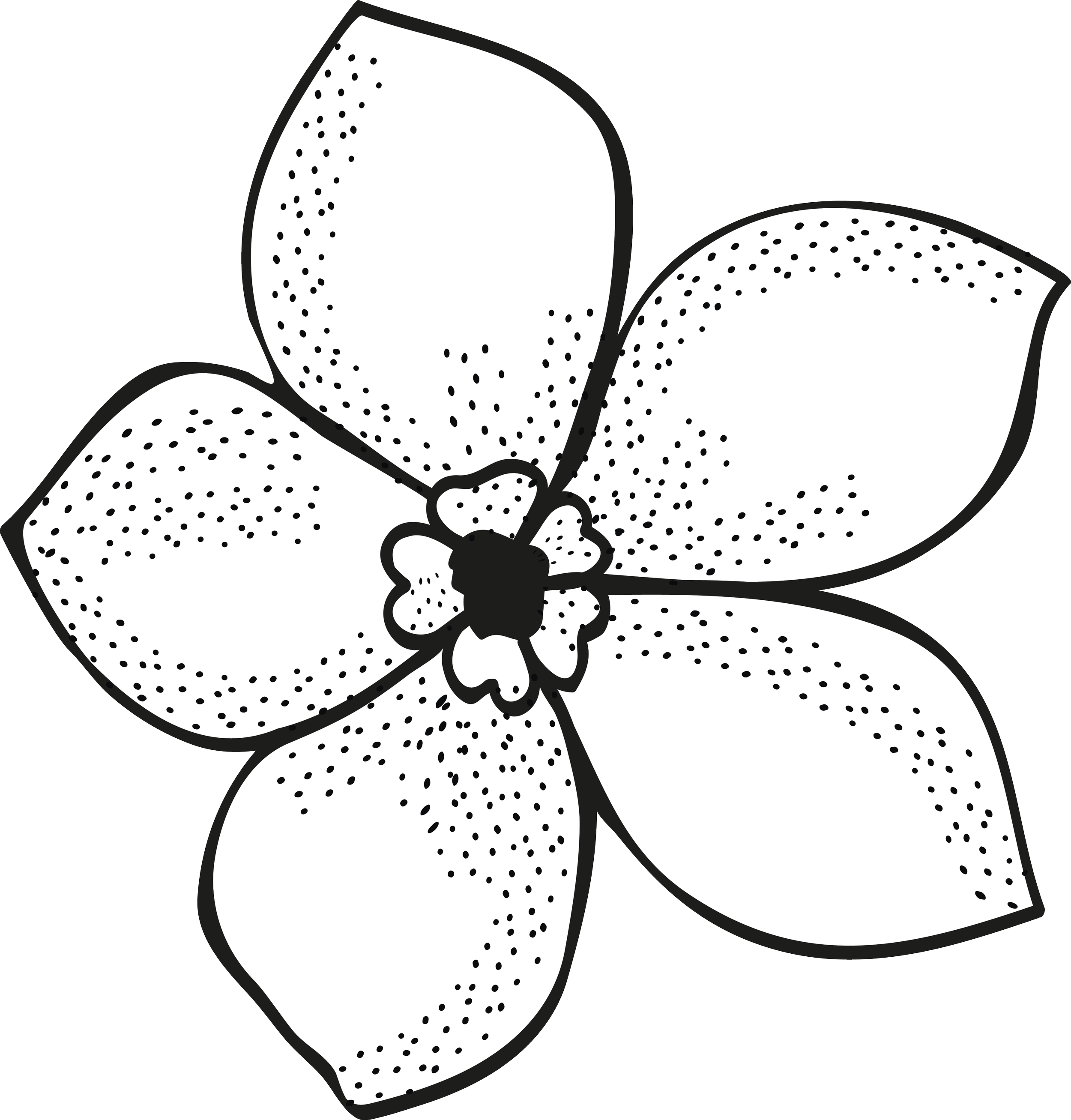 Black and white illustration of a flower with five large petals and a smaller cluster of petals at the center.