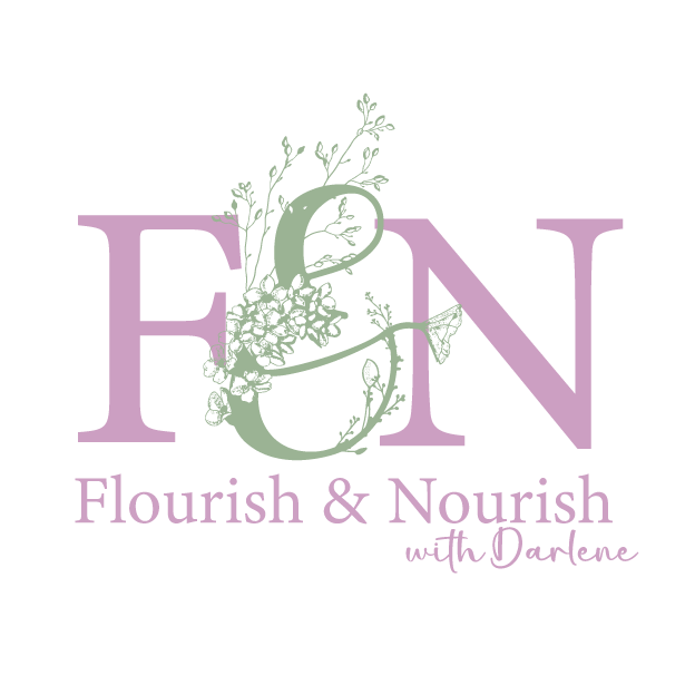 Logo with the initials F and N, decorated with floral designs, and the text 'Flourish & Nourish with Darlene' underneath.