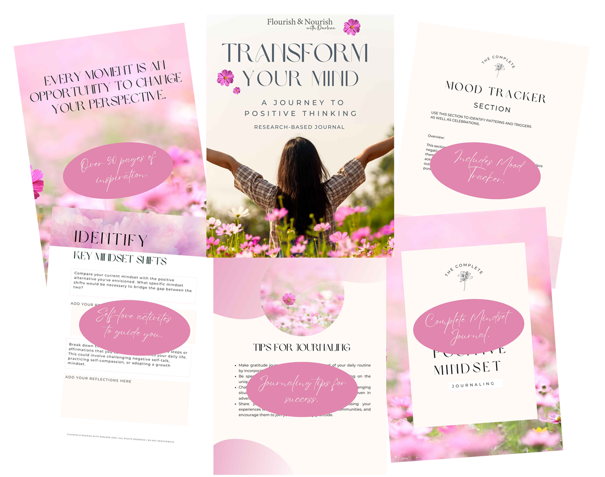 Collection of self-help journal pages with pink floral theme, including titles like 'Transform Your Mind', 'Mood Tracker', and 'Complete Mindset Journal', featuring images of pink flowers and a woman in a field.