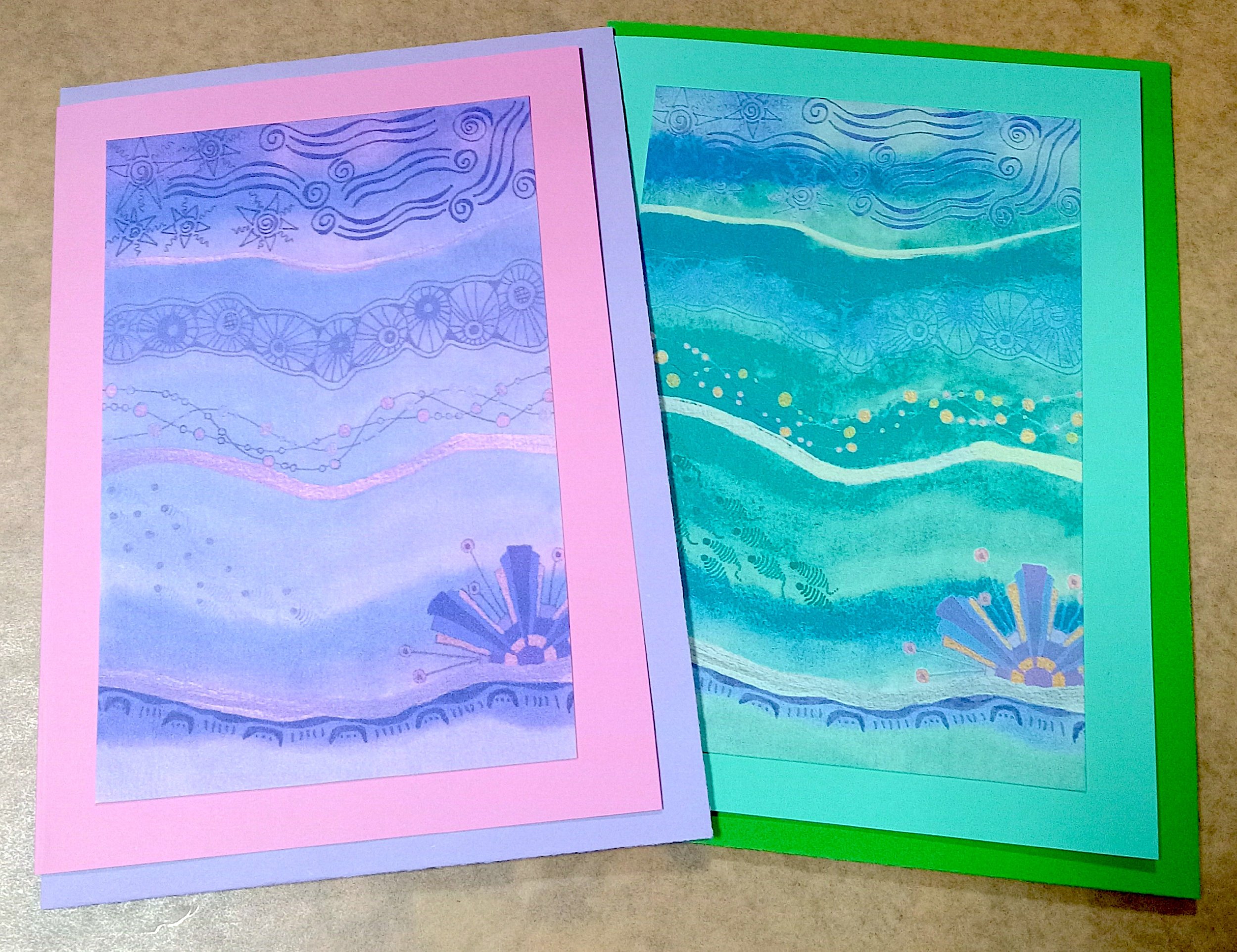 NOTE CARDS TO SHOW - 112 - BLUE WAVES -PINK AND BLUE:GREEN.jpg