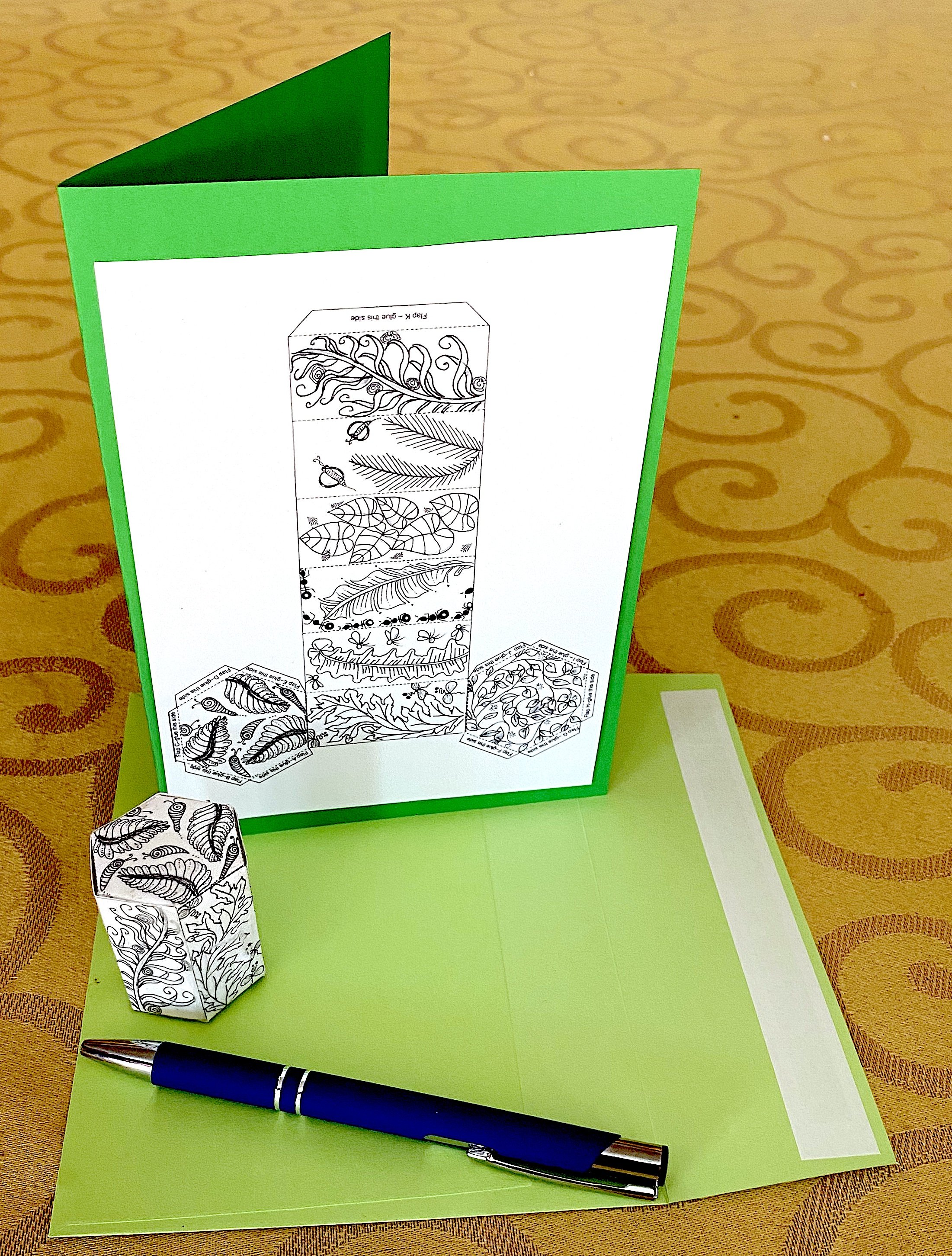 SHAPE NOTE CARDS TO SHOW - 38# - HEXAGONAL TALL PRISM #2 - Leaves & Friends - card with props.jpeg