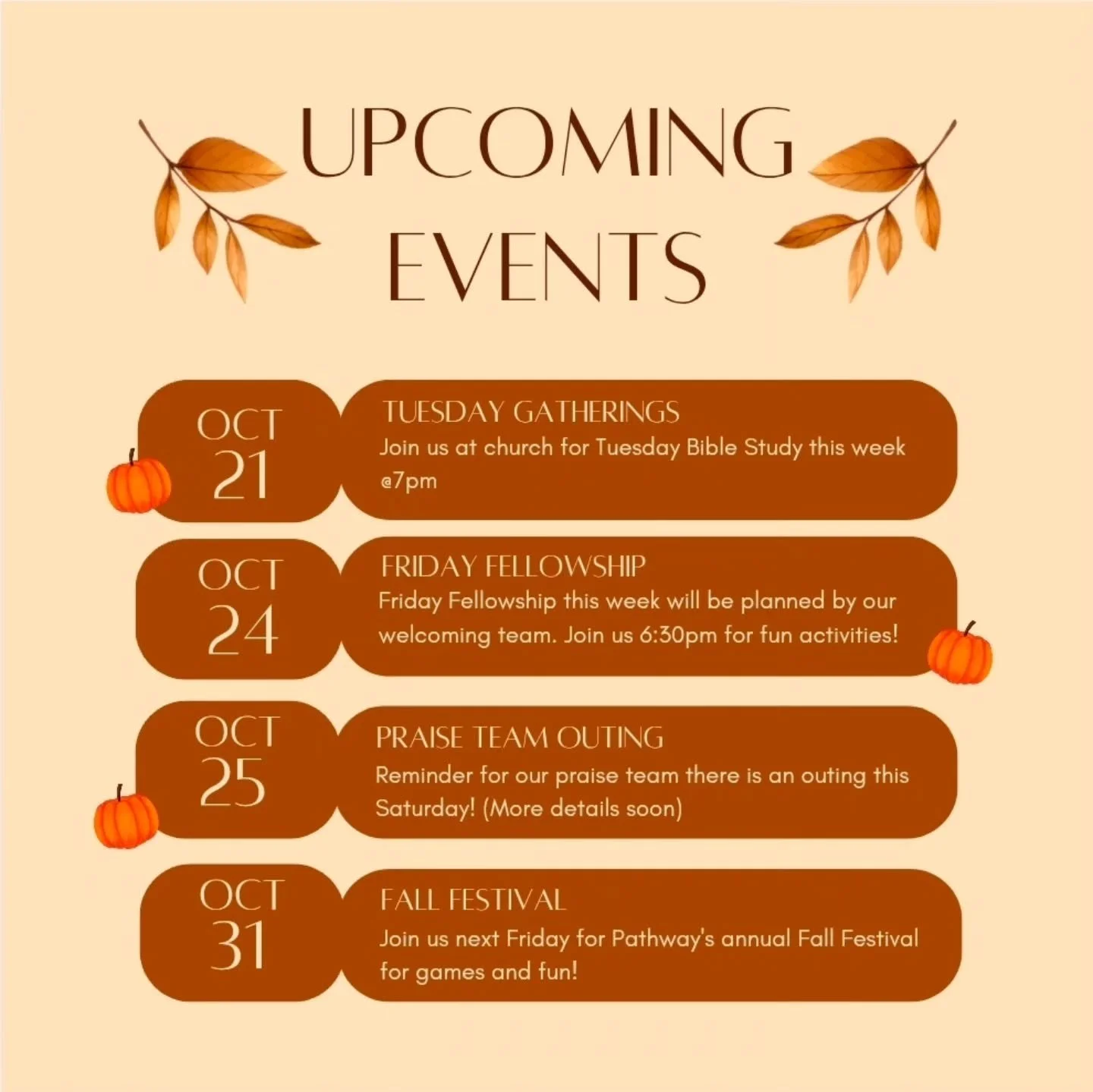 here's some reminders of upcoming events at Rooted!!

10.21 - Tuesday Gatherings will resume starting tomorrow! Doors open at 3:30pm for anyone who wants to come early and study, dinner will be provided at 6pm, and bible study from 7-9pm! Come join u