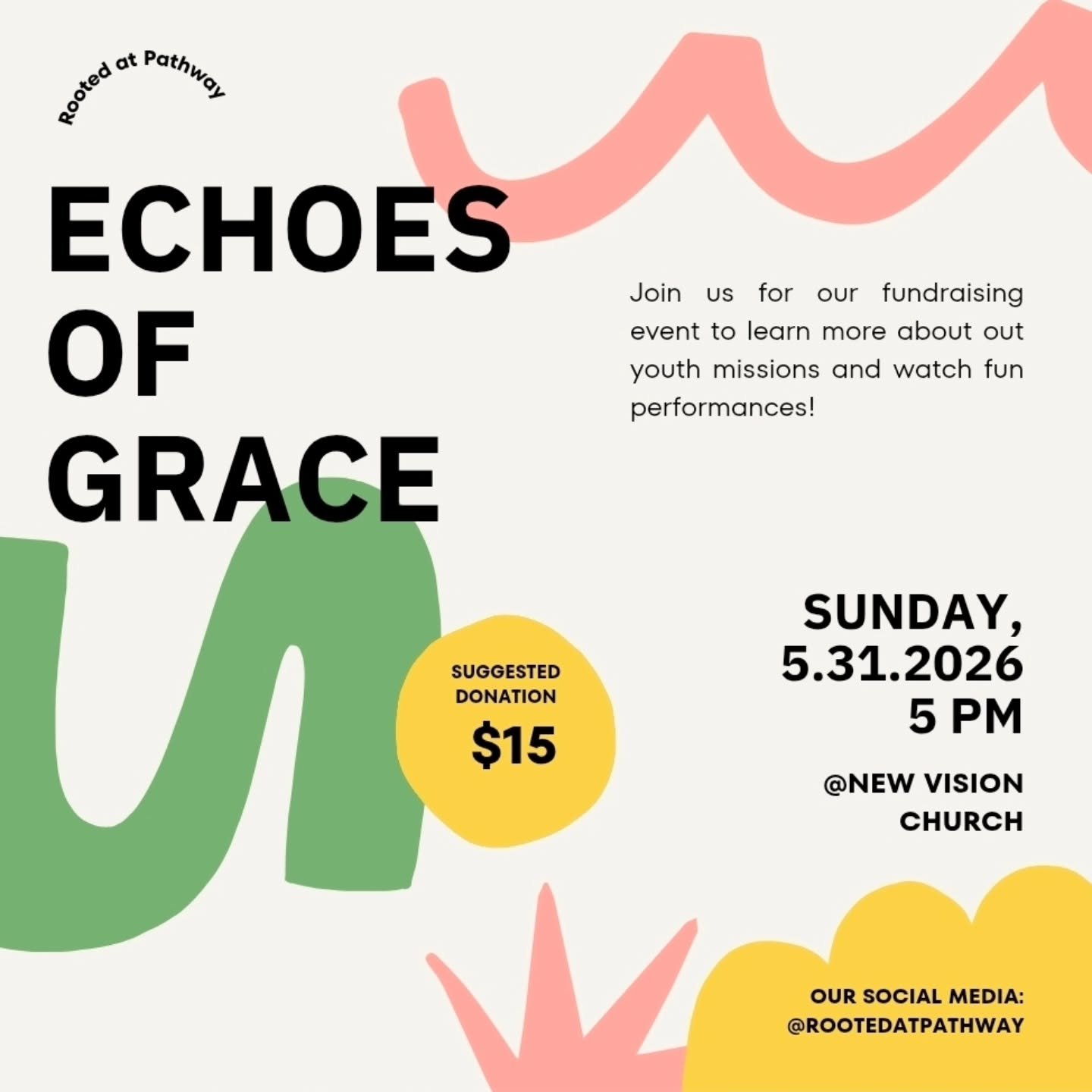 Join us Sunday for our fundraising event, Echoes of Grace! We will have a show of performances by our church members, missions students, and friends. We have a suggested donation of $15, but if you feel compelled to give more, all donations are welco