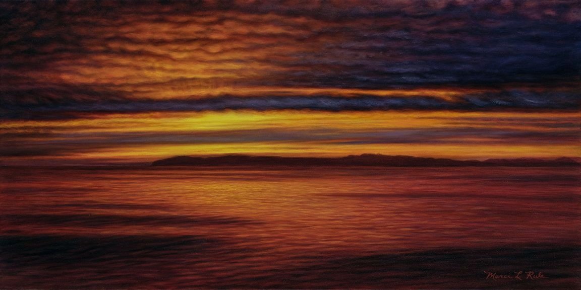 Sunset Over Catalina Island, fine art prints, California Coast oil painting, orange aesthetic, giclee prints, paper, canvas, metal