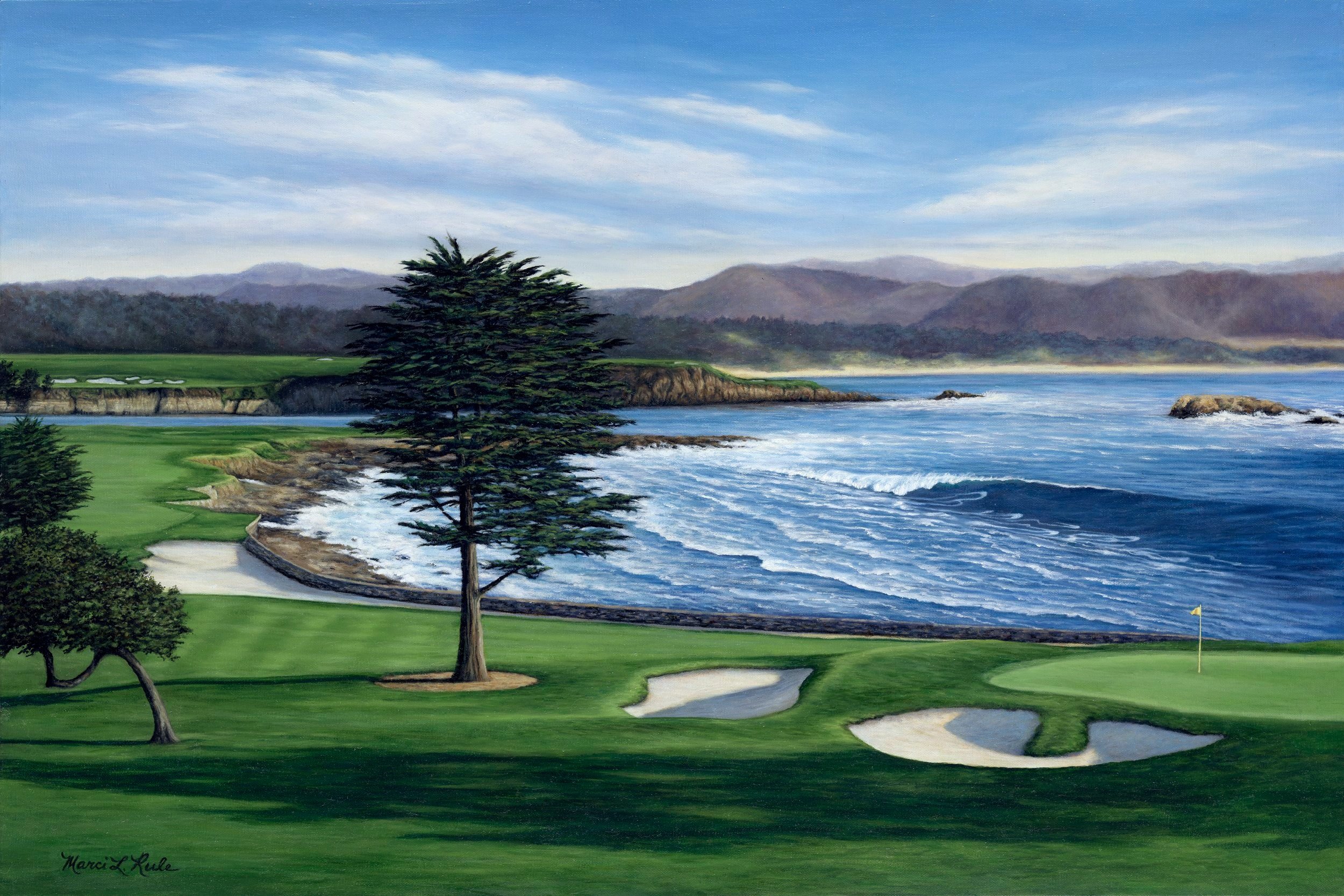 Pebble Beach, Hole 18, Monterey Peninsula, Best PGA golf course landscape artwork, fine golf art paintings, archival prints, paper, canvas, metal, framed, unframed