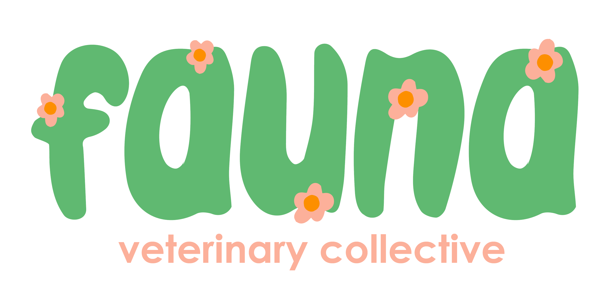 Logo with the word 'fauna' in green letters with pink flowers and 'veterinary collective' in pink letters.