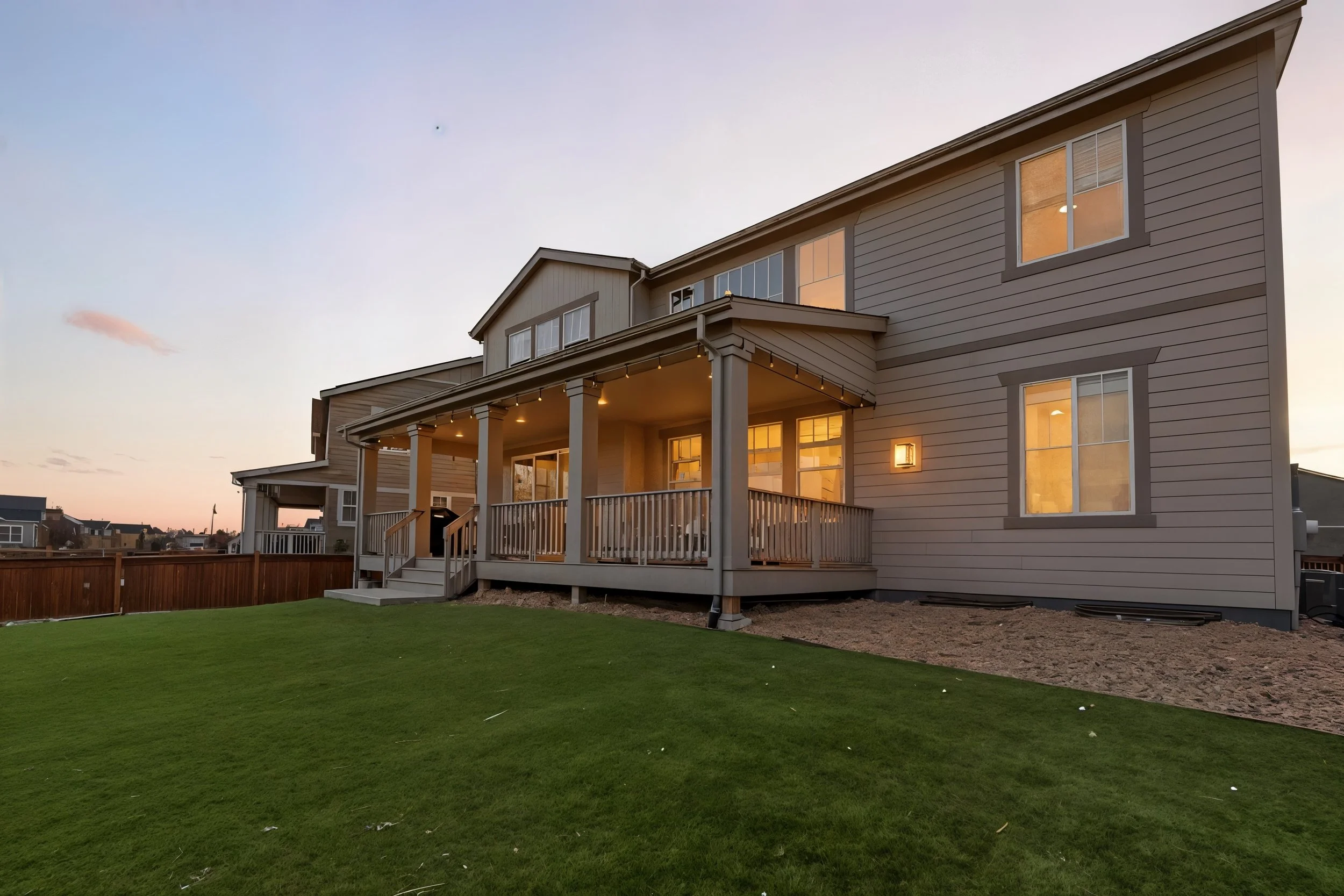 A modern, multi-story house with a wooden deck, lit windows, and a well-maintained green lawn at sunset.