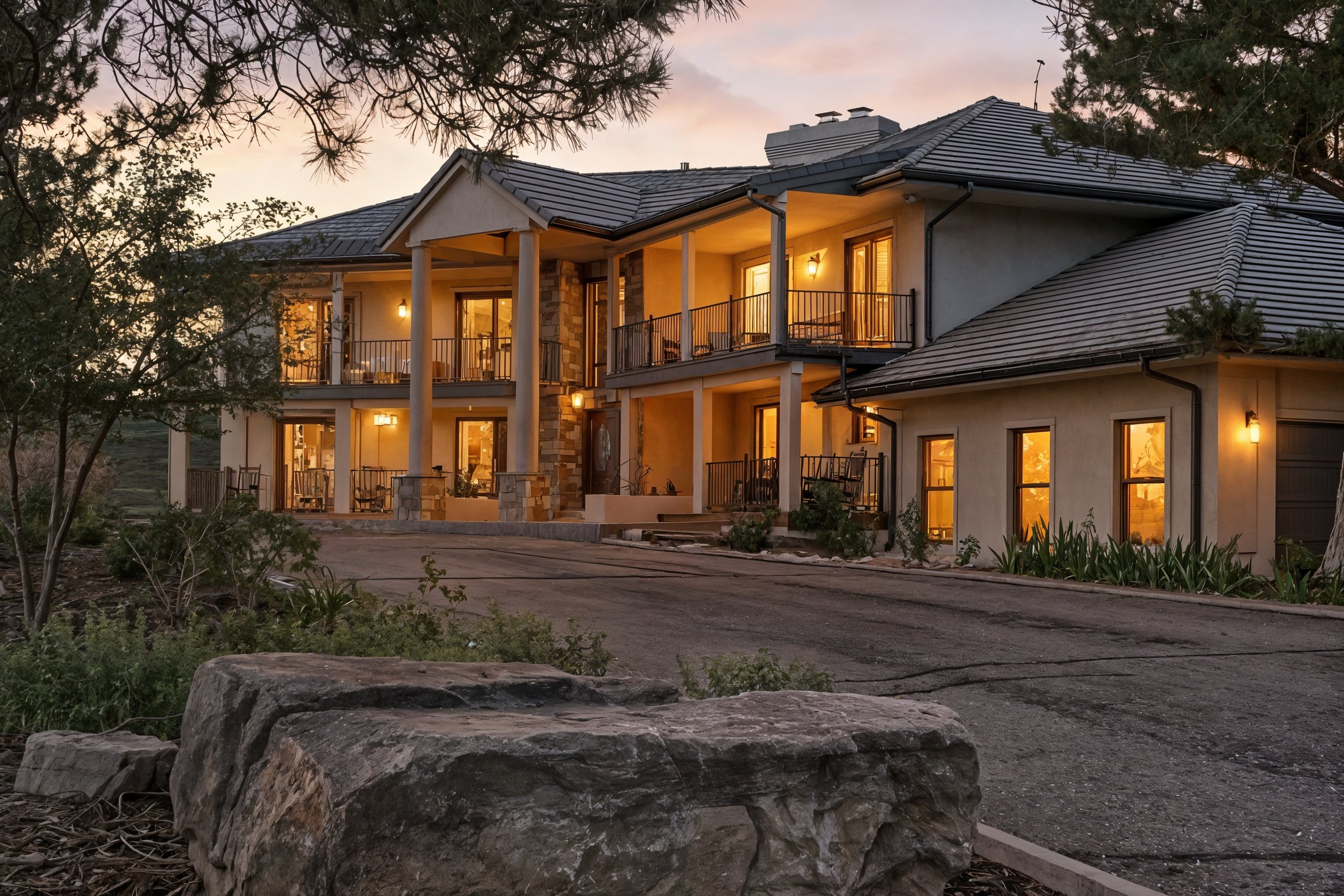 A large two-story house with a front porch and balcony illuminated at dusk. The house has a tiled roof, large windows, and reflected warm interior lights. The driveway and surrounding landscape include rocks and trees.