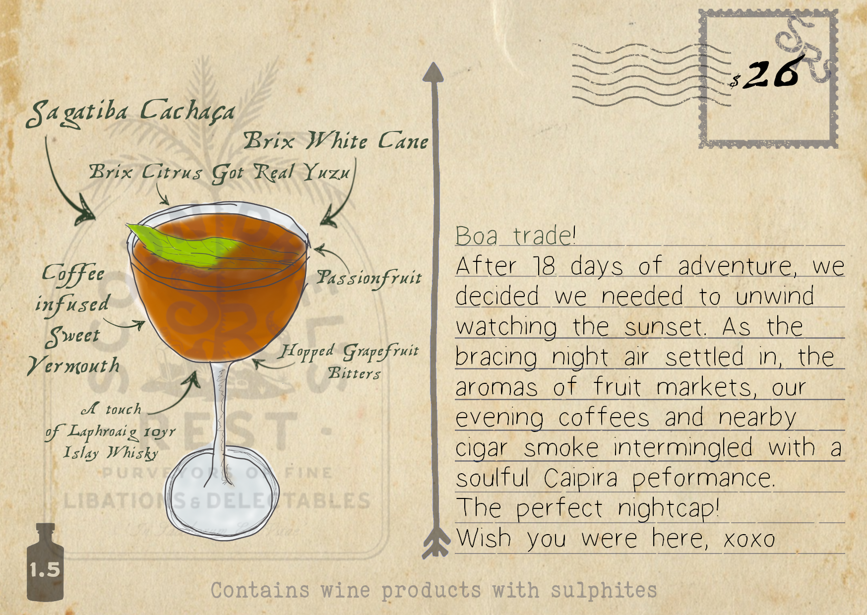 Illustration of a cocktail glass with a drink labeled as Passionfruit, hopped grapefruit bitters, and other ingredients like sugar, mint, and citrus garnishes. The background is a vintage style with handwritten notes and a postage stamp in the upper 