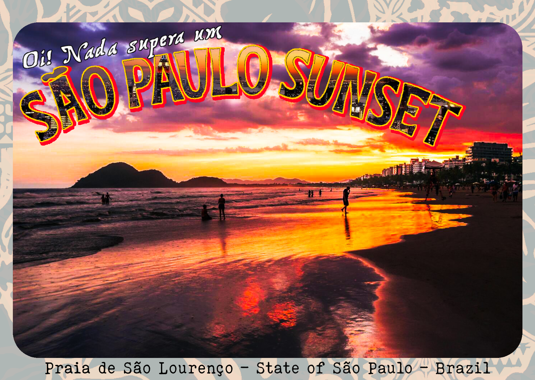 Sunset at São Lourenço Beach in São Paulo, Brazil, with colorful sky, reflections on the wet sand, and people walking along the shoreline.