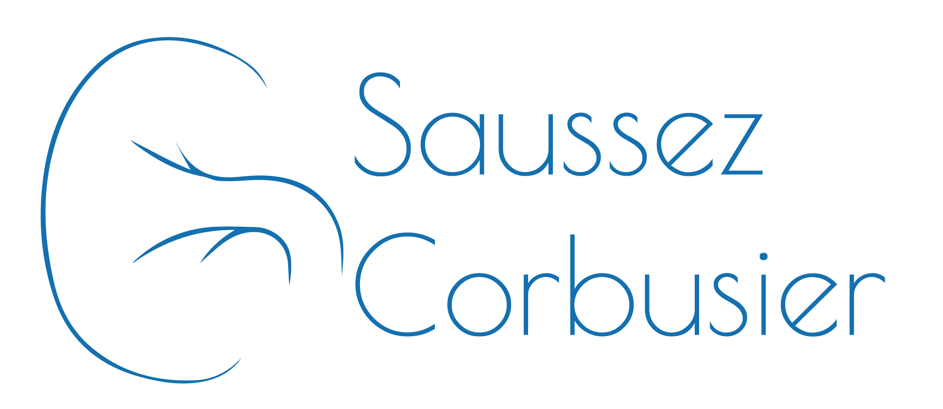 Logo bleu avec le texte "Saussez Corbusier" à côté d'un graphisme stylisé.