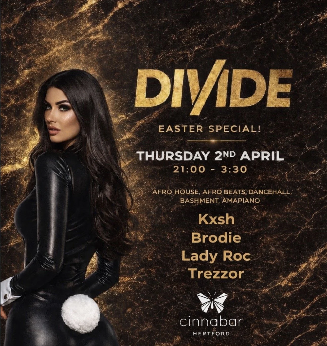 DIVIDE Easter Special DJ event poster at Cinnabar Hertford featuring Lady Roc