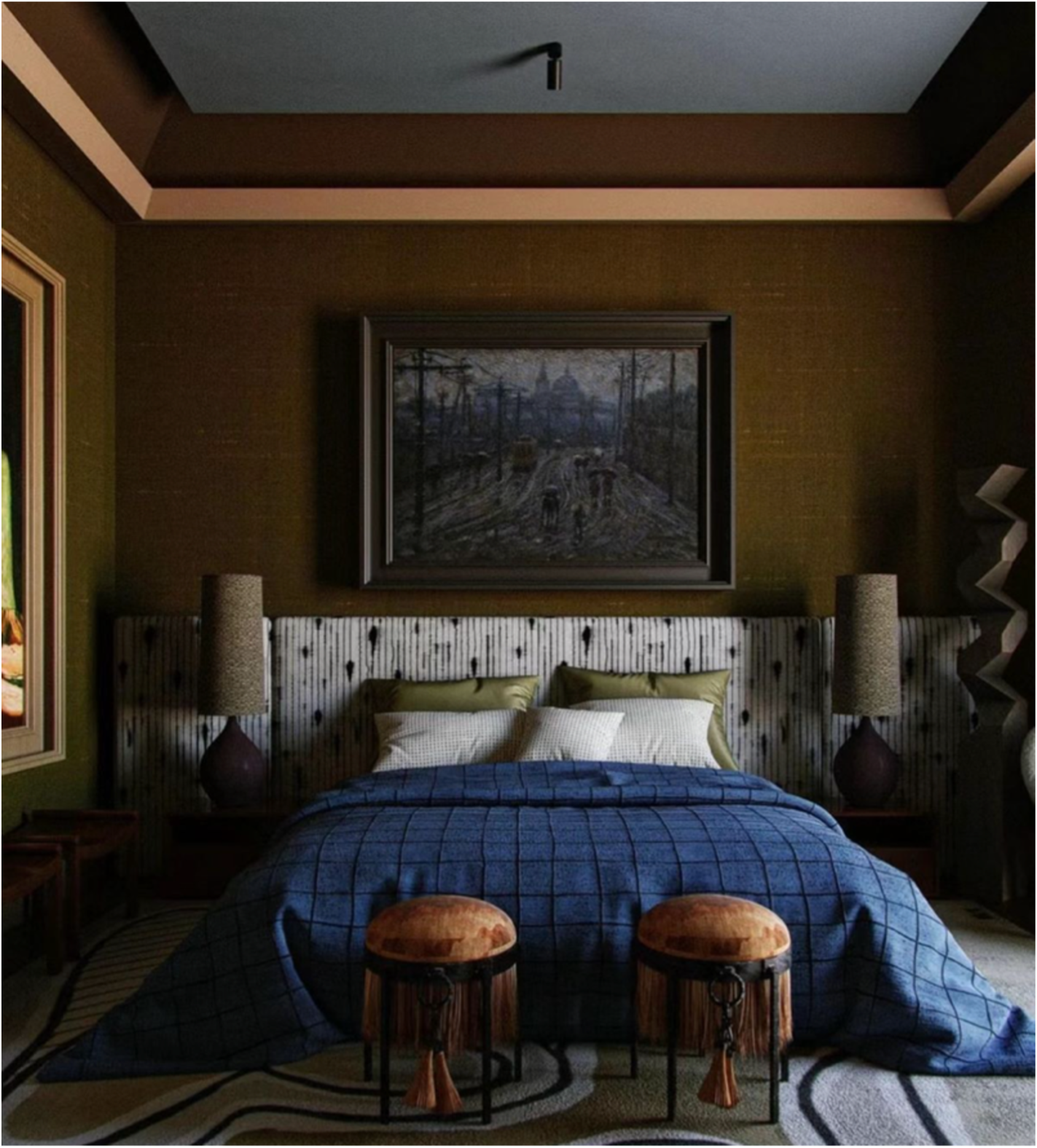 Designer bedroom where the lighter headboard contrasts against the deep olive upholstery of the wall