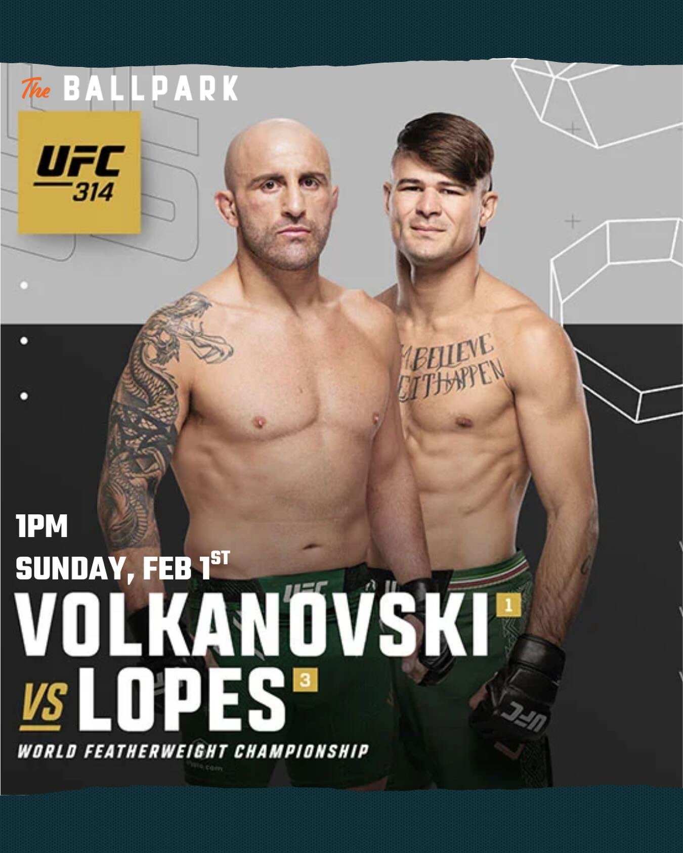 Cancel your plans this Sunday because Volkanovski vs Lopes is something you don&rsquo;t want to miss 🥊🔥 

This Sunday, the 1st of February, The Ballpark Kotara is showing this MASSIVE fight! Grab some mates and book a table on our website www.theba