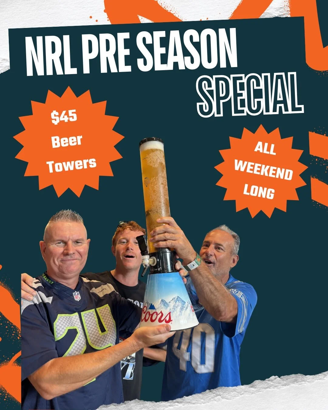 The NRL pre season has officially begun 😮&zwj;💨

In honour of this we are doing $45 beer towers ALL WEEKEND LONG!! Grab some mates, a tower, and make those memories 🤍🧡 Reserve a spot to watch these games LIVE AND LOUD on our big screens here at T