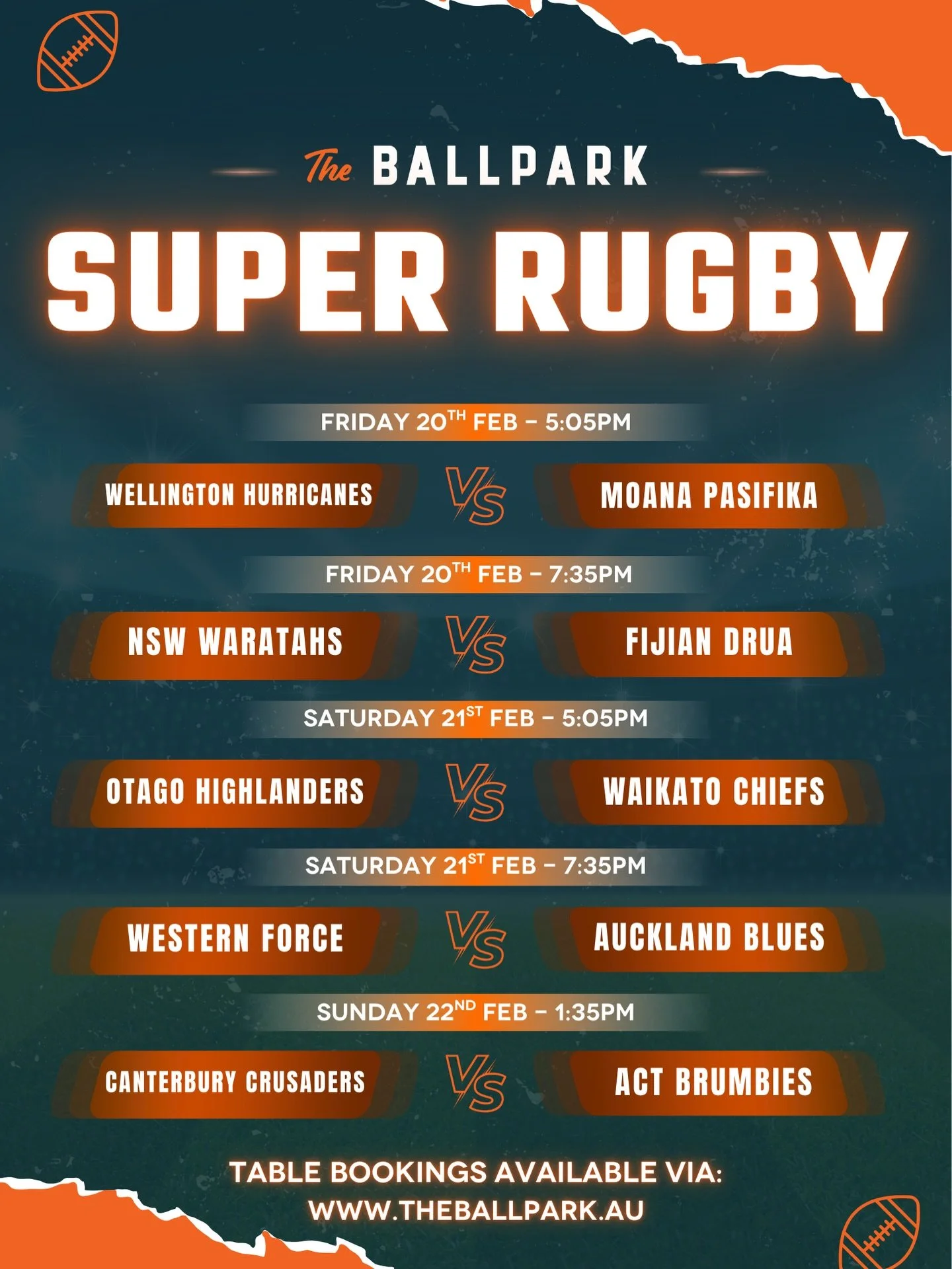 SUPER RUGBY THIS WEEK🔥

As always, we&rsquo;ll be showing each super rugby game LIVE &amp; LOUD on the big screen📺

If you&rsquo;re chasing the best spot to park up, talk footy &amp; soak up all the action with your mates - you&rsquo;ve found us he