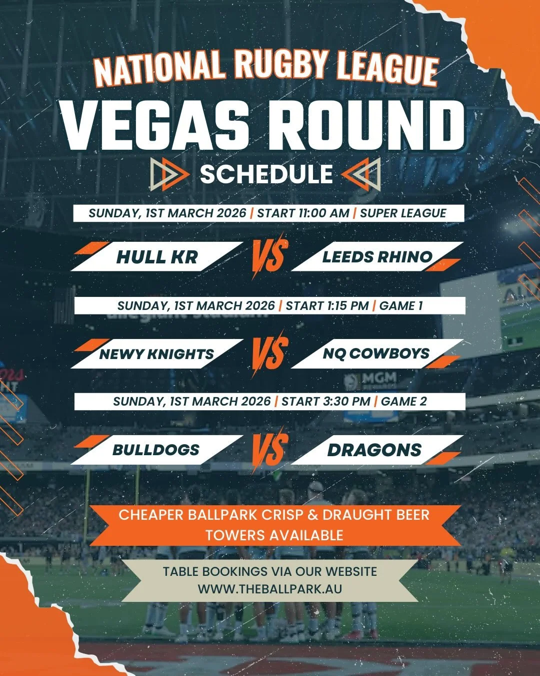 THE NATIONAL RUGBY LEAGUE VEGAS ROUND IS COMING UP! These games will be shown live and loud here at The Ballpark Kotara 🔥 

Why watch it here? Well;
👀 We have two HUGE tv&rsquo;s, 
🤩 Plenty of spots to sit,
🍻 $45 beer towers &amp; cold ones (the 