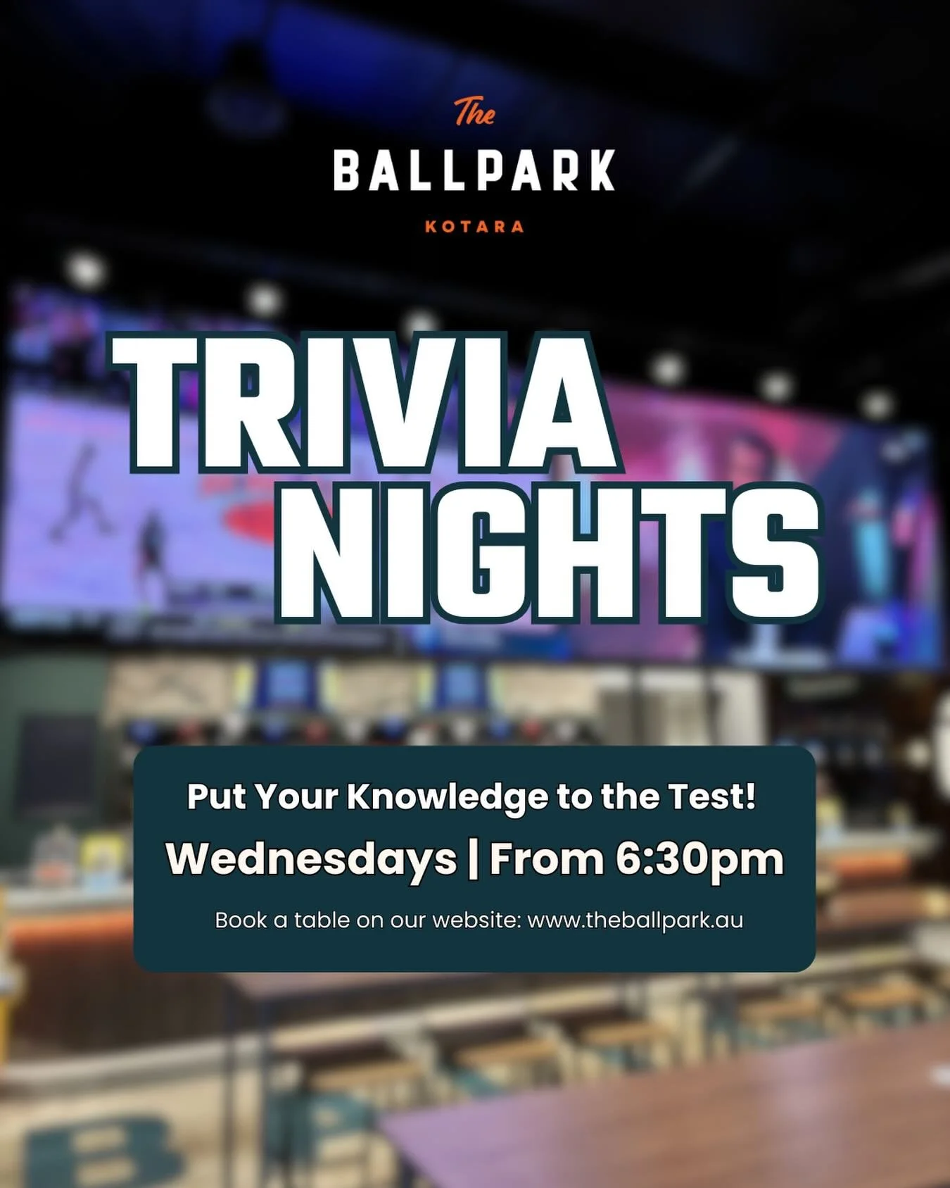 Who's in? 🥵 Wednesday Trivia Nights are coming to The Ballpark Kotara! Join the fun every Wednesday @ 6:30pm for a general knowledge quiz and LOADSSSS of prizes 😉

Book your table at www.theballpark.au or see our friendly staff 😊. We can&rsquo;t w
