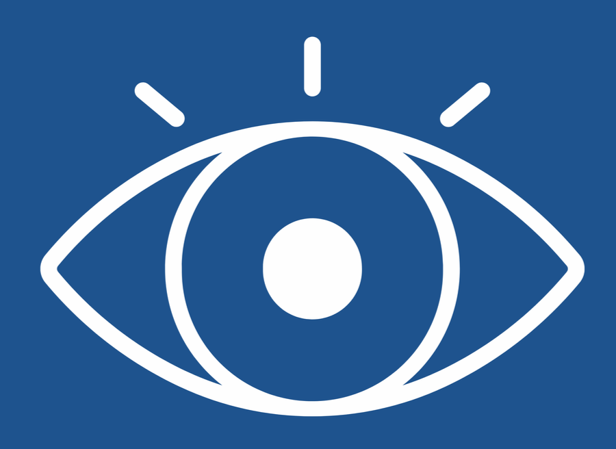 Eicon o lygad gyda chylch yn y canol a phedwar llinell fer yn ymbelydru o'r top, ar gefndir glas.