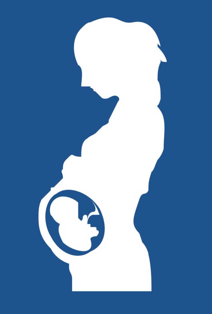 Siluet o fenyw feichiog gyda siluet mewnos o ffetws y tu mewn i'w habdomen, wedi'i osod yn erbyn cefndir glas.