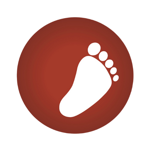 Eicon troed noeth gwyn ar gefndir cylch coch.