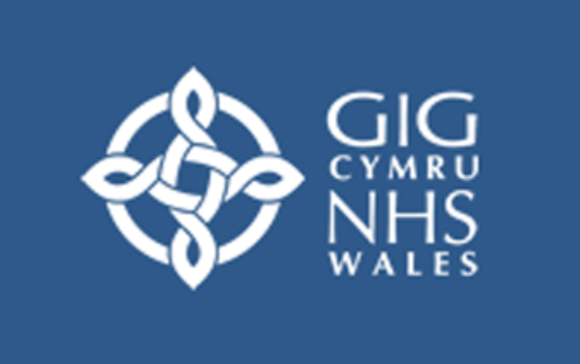 Logo of GIG Cymru NHS Wales with a celtic knot design on a blue background.