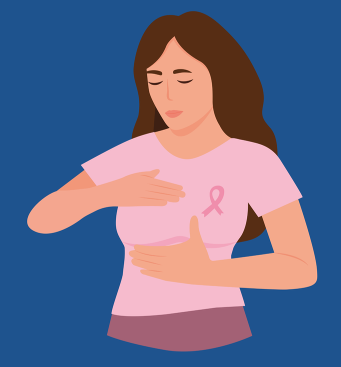 Llun o fenyw gyda gwallt brown hir. Mae'n gwisgo crys pinc gyda rhuban pinc. Mae'n cyffwrdd ei brest a'i stumog. Mae cefndir glas tywyll.