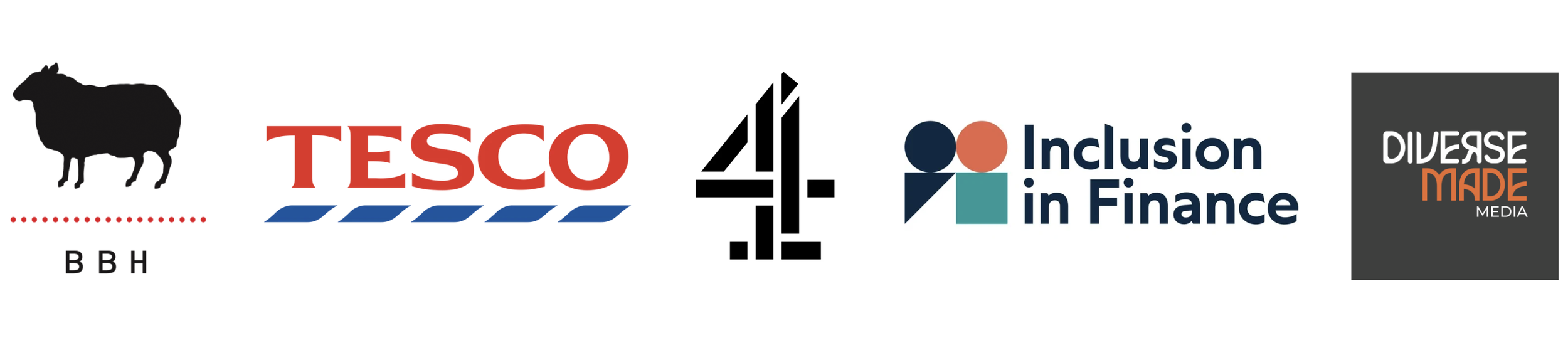 Logos for BBH, Tesco, Channel 4, Inclusion in Finance & Diverse Made Media