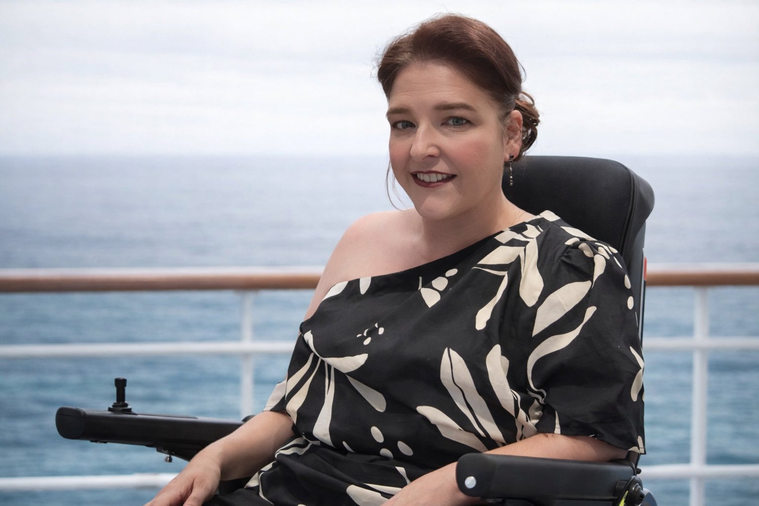 A white woman with brown hair tied back sitting in her powerchair in front of some railings with the sea in the background.