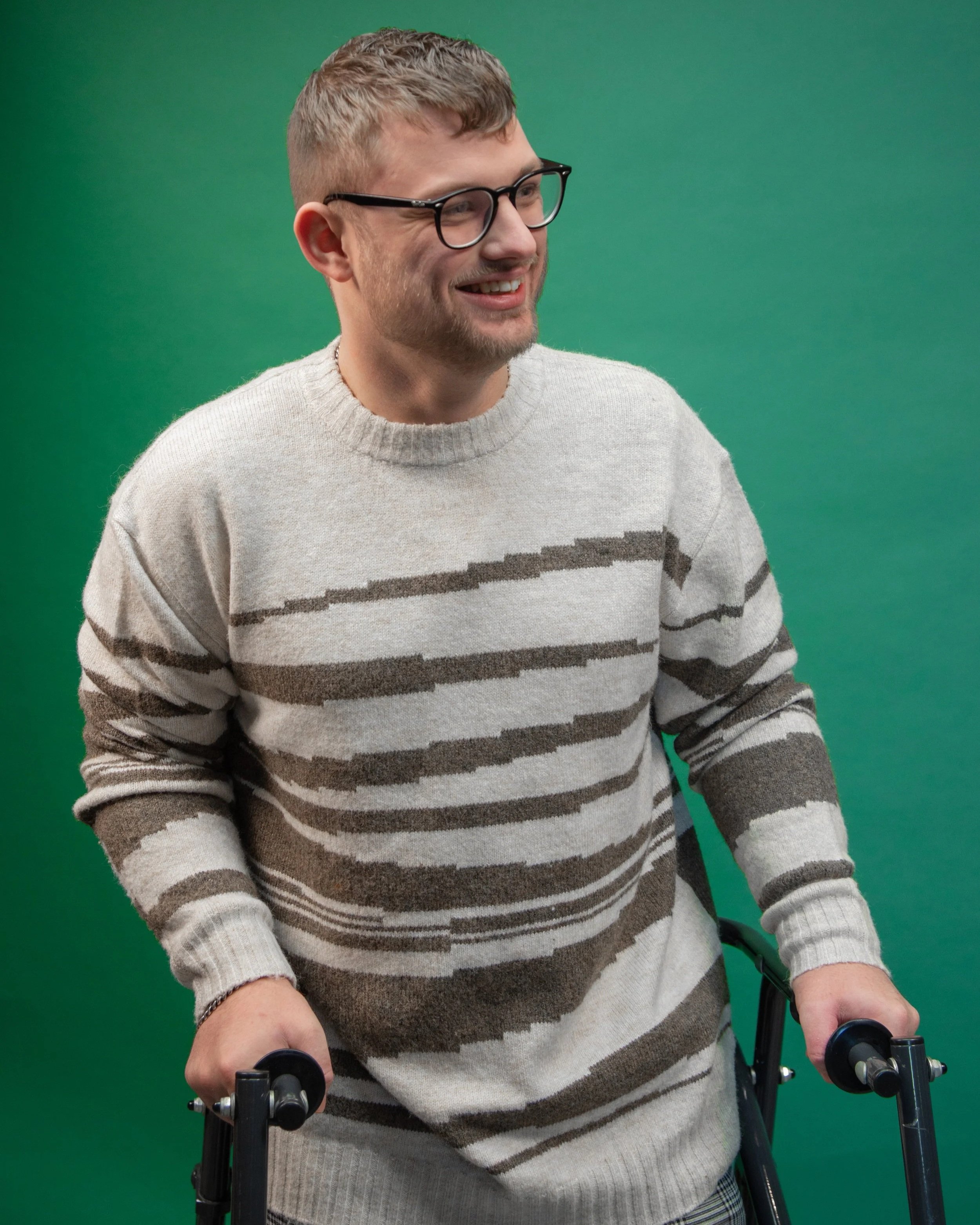Portrait of Alex MacKenzie in walking frame