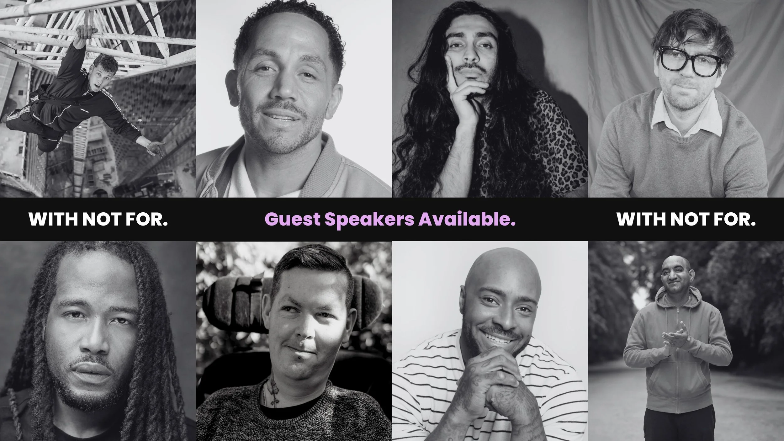8 images set together in a grid of different male speakers represented by WNF. They are of different ethnicities, ages and disabilities. Text reads 'Guest Speakers Available'.