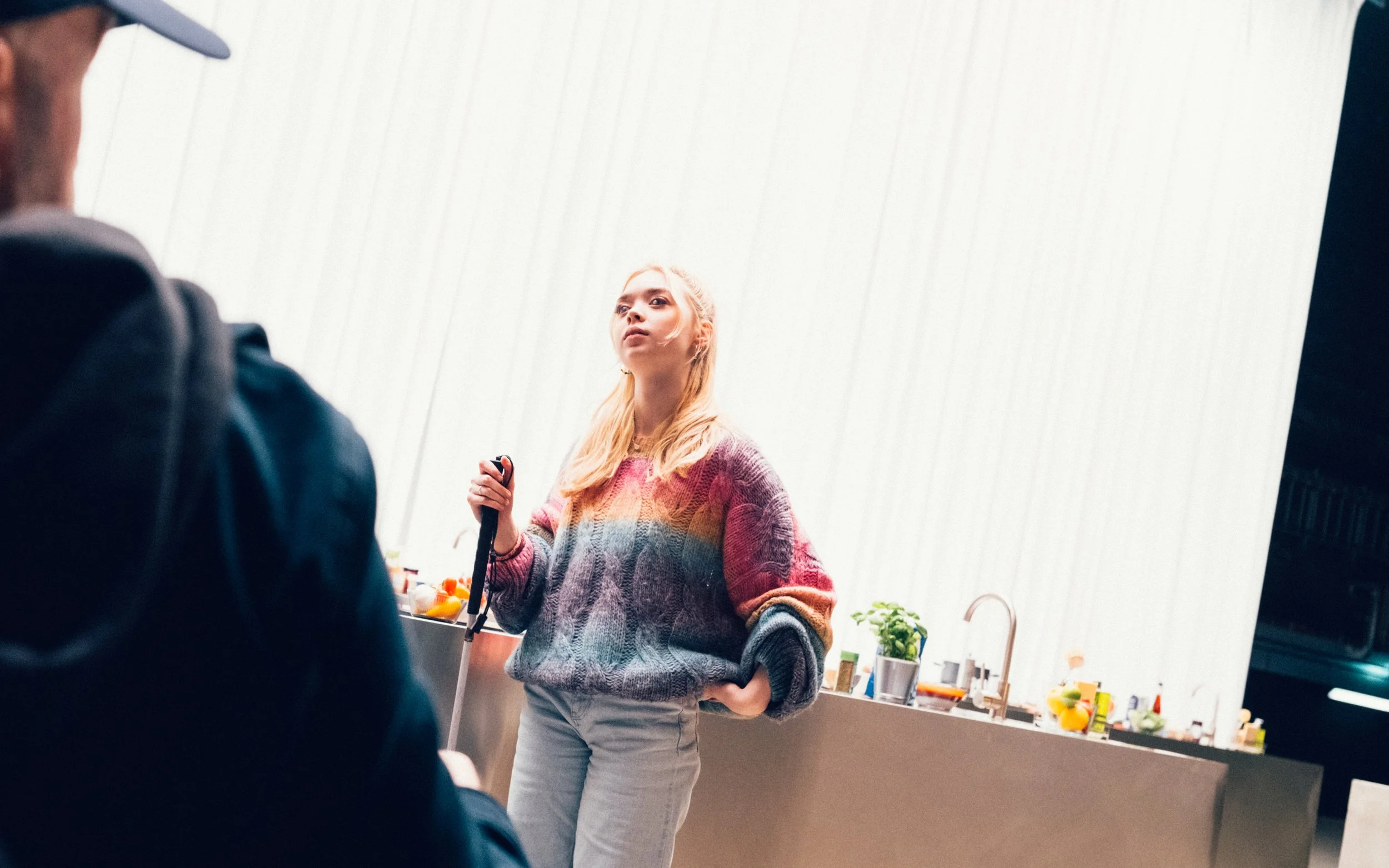 Kitty Hinde on a production set