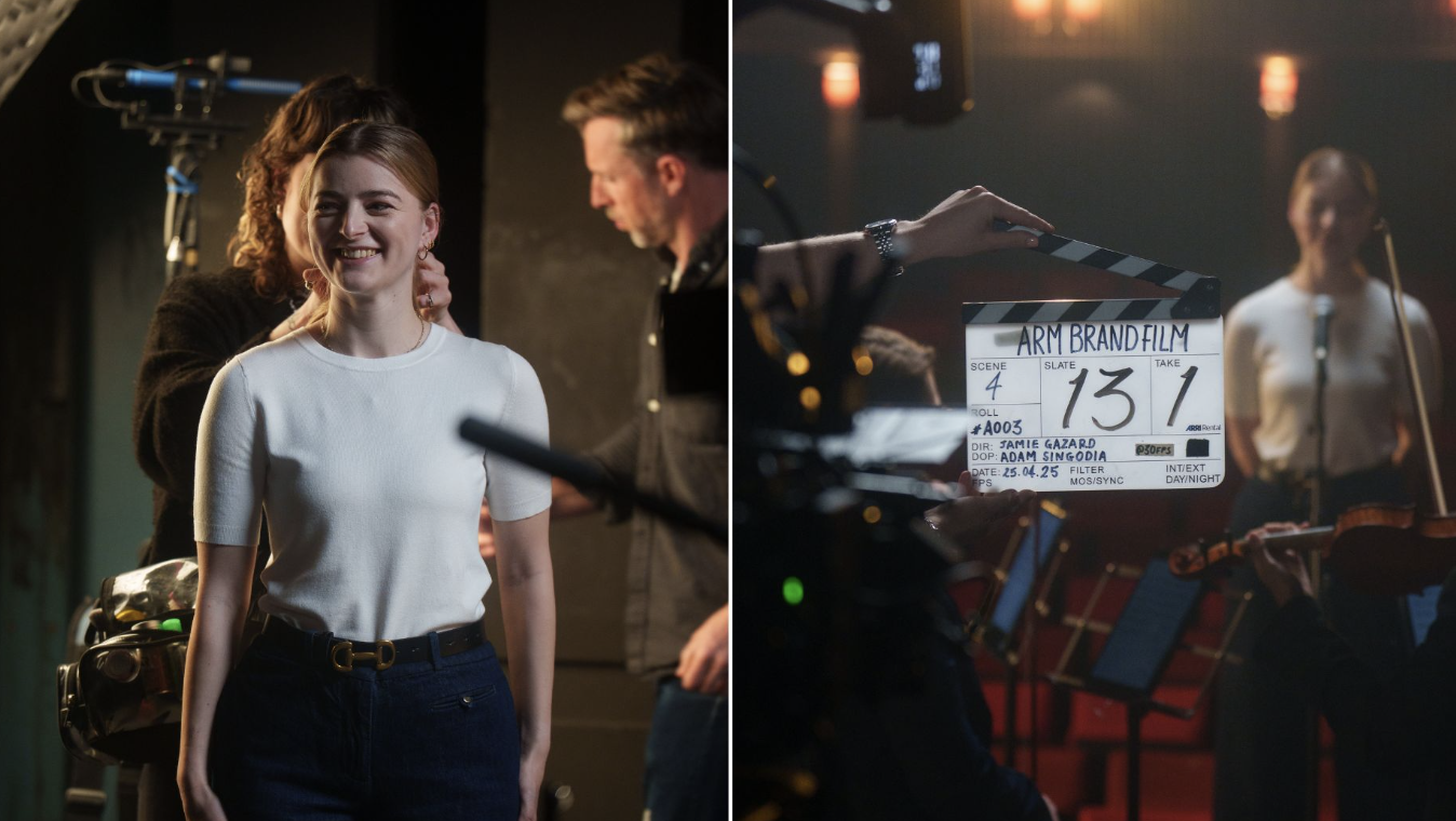 Behind the scenes images from on the production set featuring cast and crew