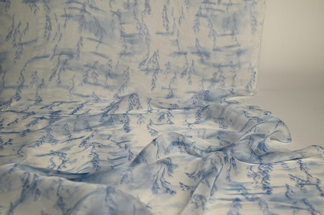 Soothing scenes created using watercolour painted clouds and intricate cedar branches ☁️☁️☁️#silk #linen #digitalprint #dtg #canopy #bedding #nature #textiles #art